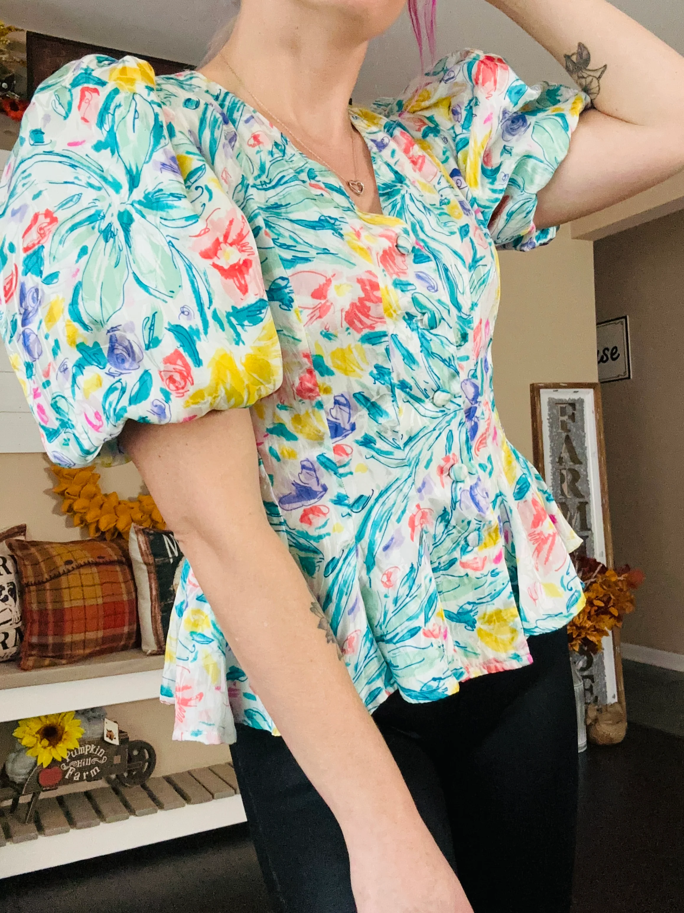 80s Exaggerated Puff Sleeve Country Chic Peplum Blouse by Lauren Alexandra - Image 4