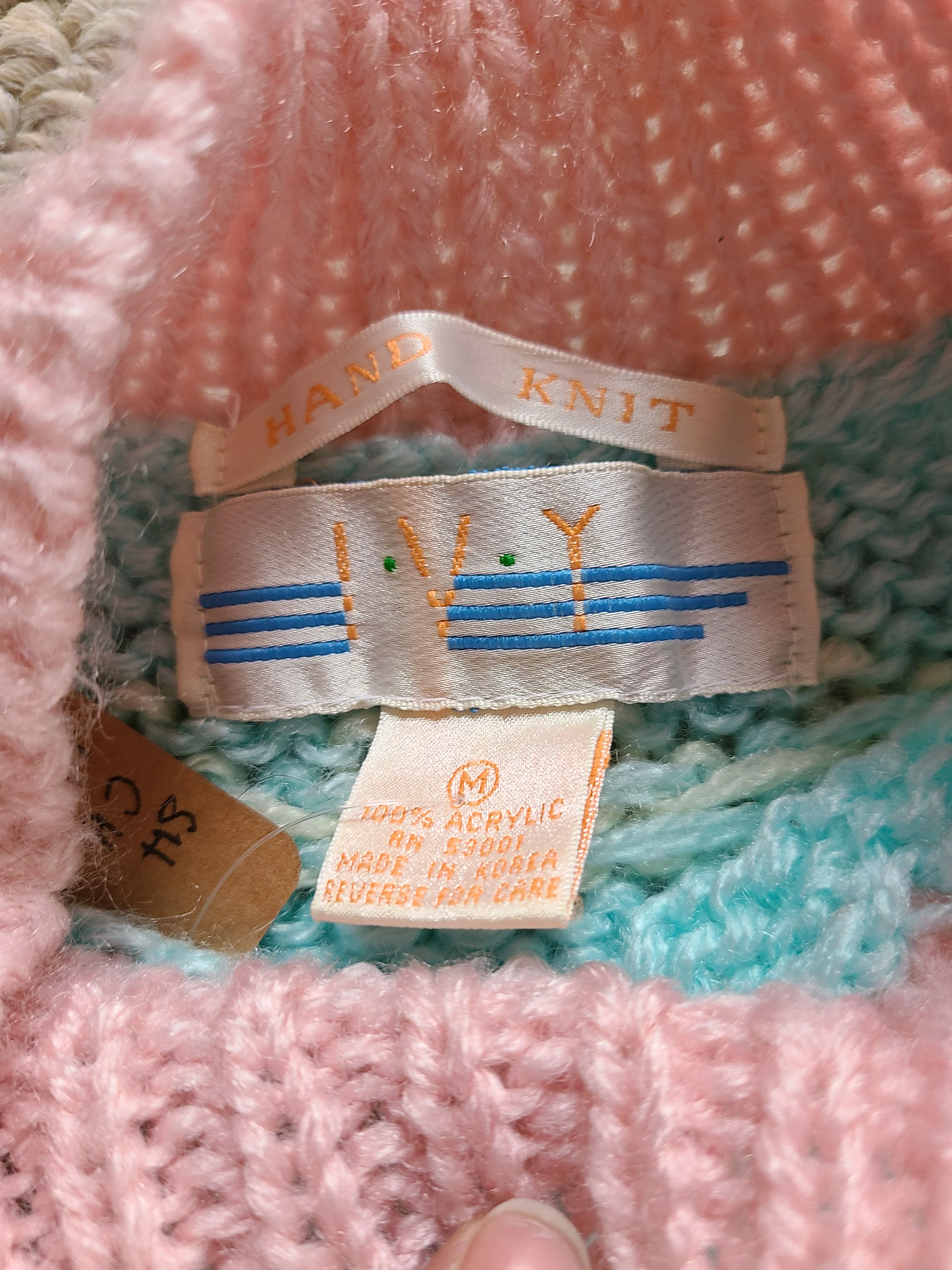 80s Fair Isle Hand Knit Pastel Sweater Medium Ladies By Ivy - Image 4