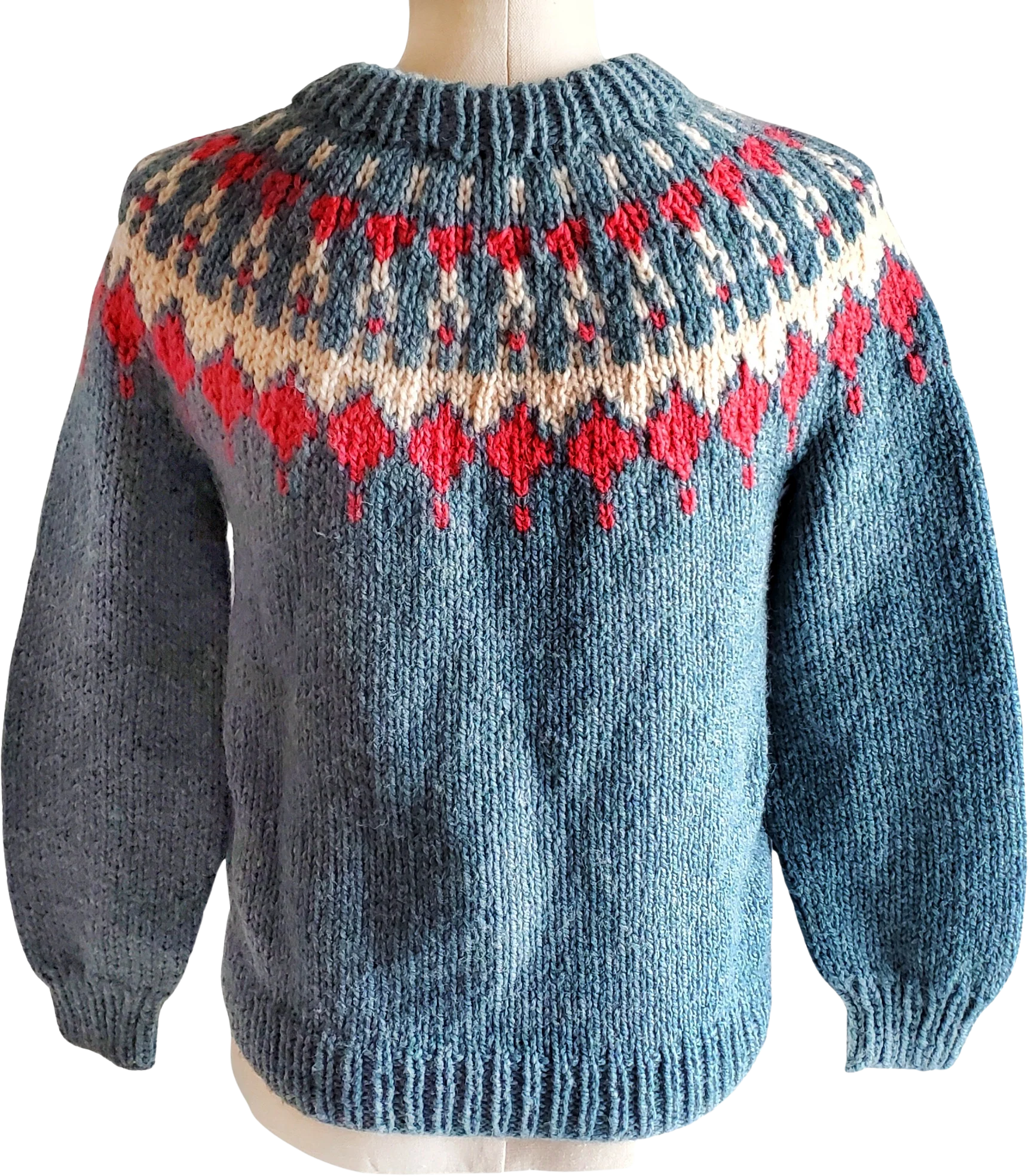 80s Fair Isle Sweater Blue White Coral - Image 2