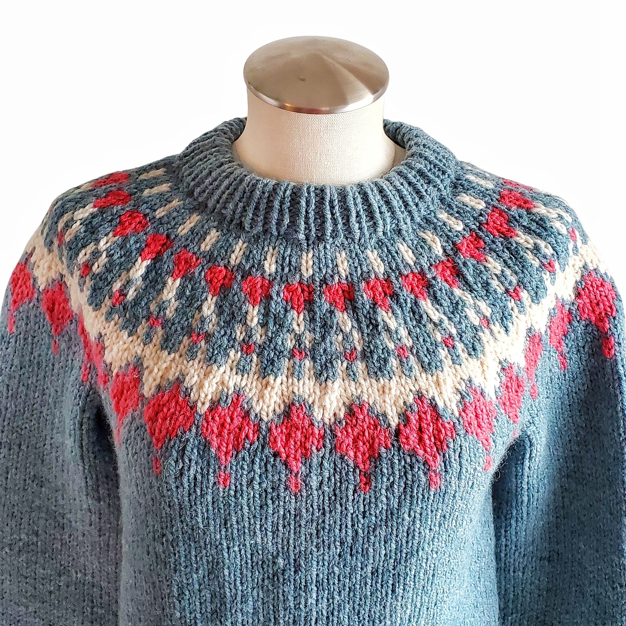 80s Fair Isle Sweater Blue White Coral - Image 3