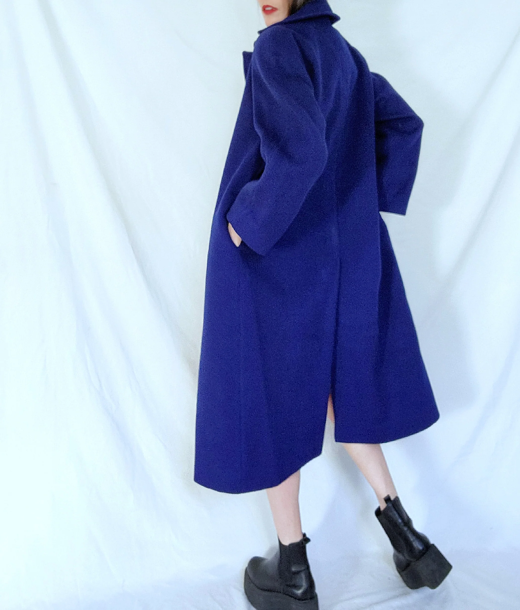 80s Femme Avante Garde Long Royal Blue Wool Overcoat By Nipon - Image 6