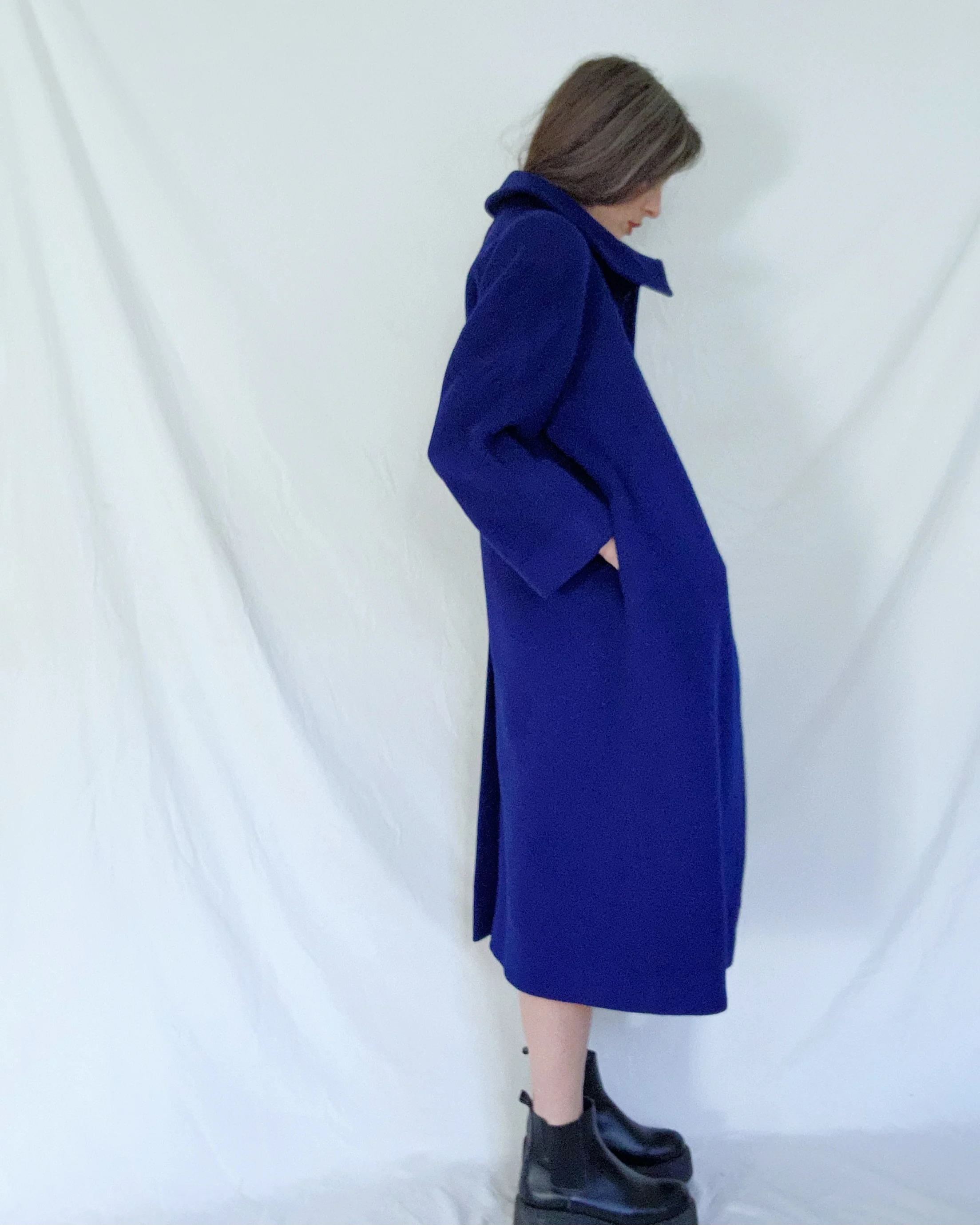 80s Femme Avante Garde Long Royal Blue Wool Overcoat By Nipon - Image 7
