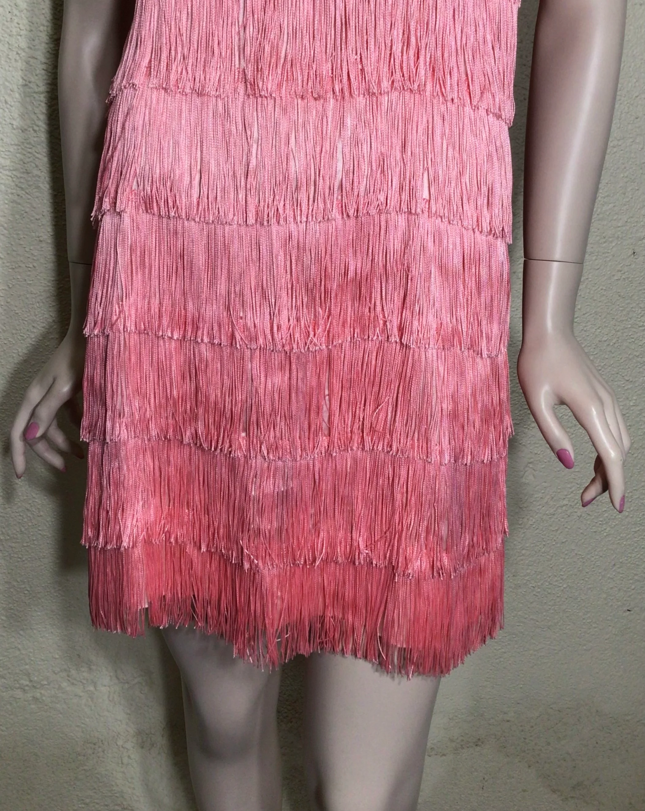 80s Flapper Style Pink Fringe Sequin Accent Mini Dress - Image 4