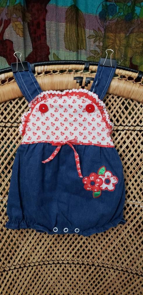 80s Floral Blue Jean Baby Romper 12m - Image 4
