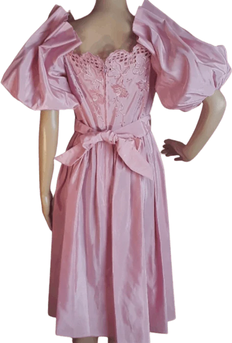 80's Floral Embroidered Satin Puff Sleeve Dress - Image 2