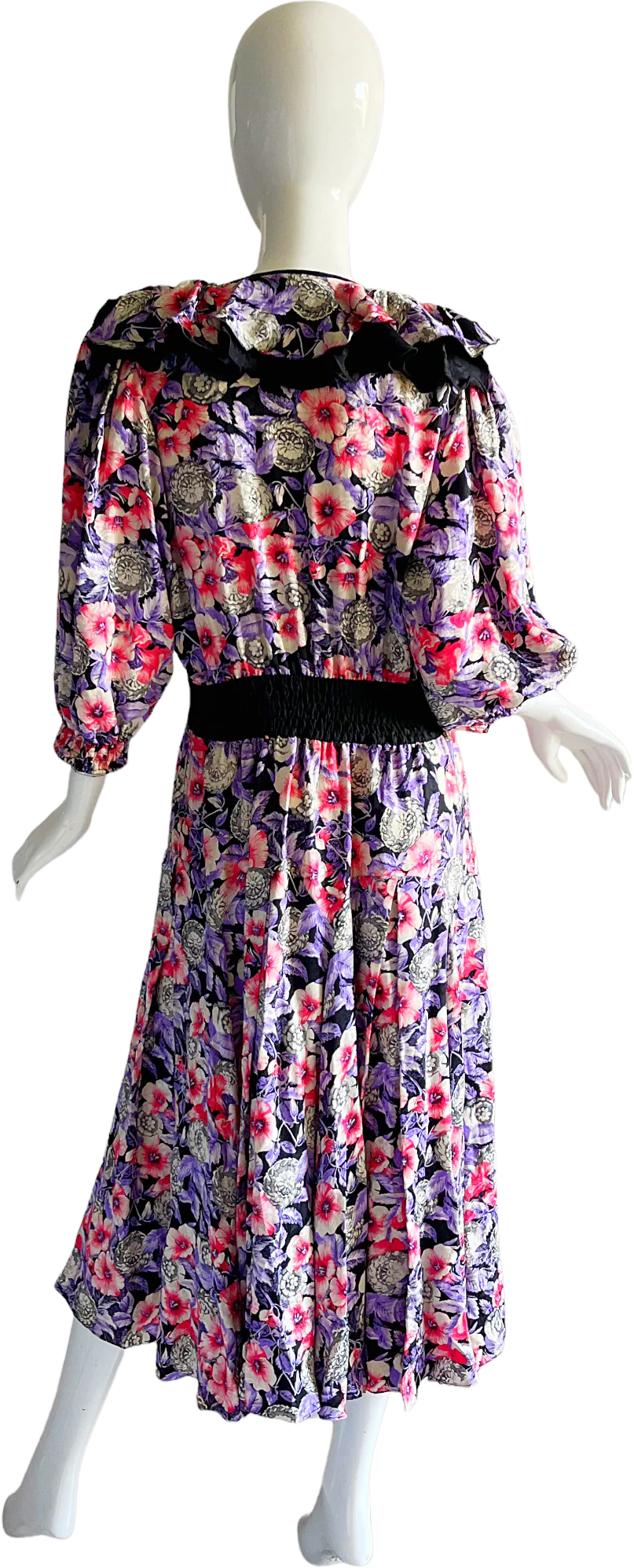 80s Floral Hibiscus Silk Ruffled Bias Sweeping Dress By Diane Freis - Image 2