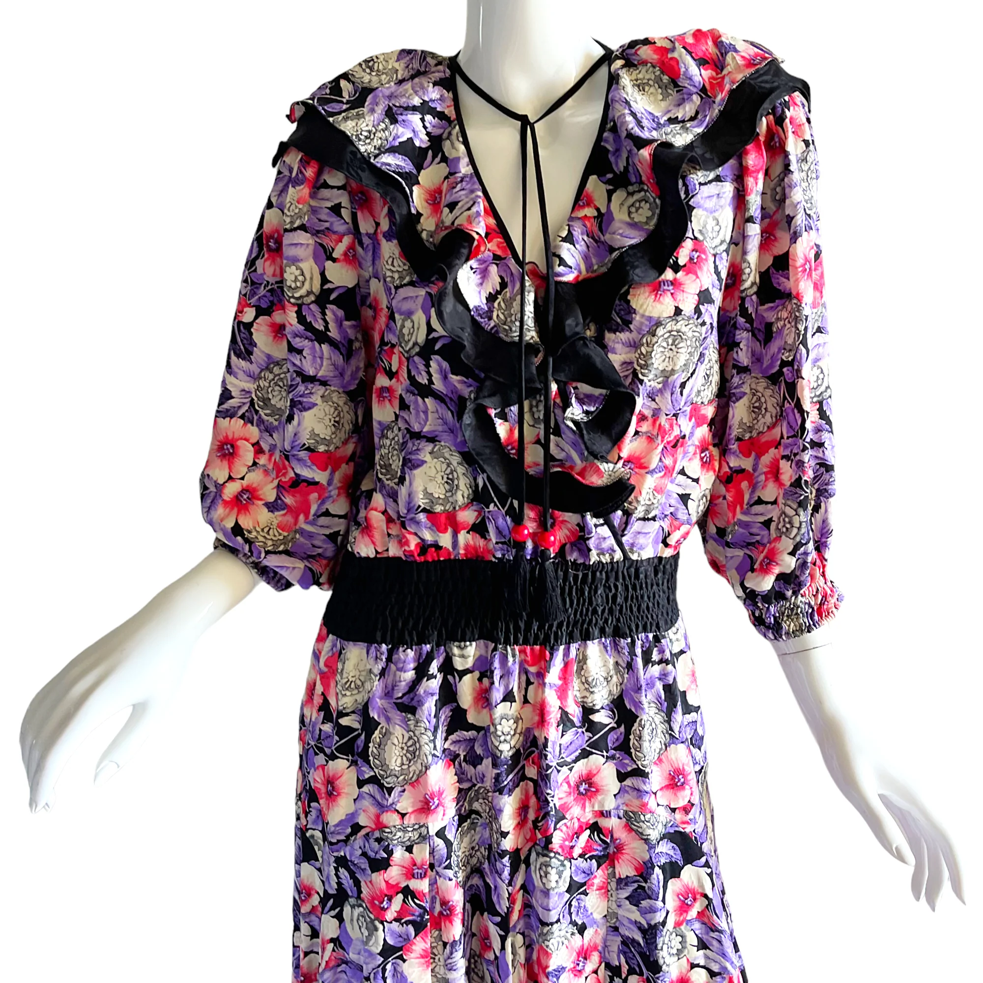 80s Floral Hibiscus Silk Ruffled Bias Sweeping Dress By Diane Freis - Image 3