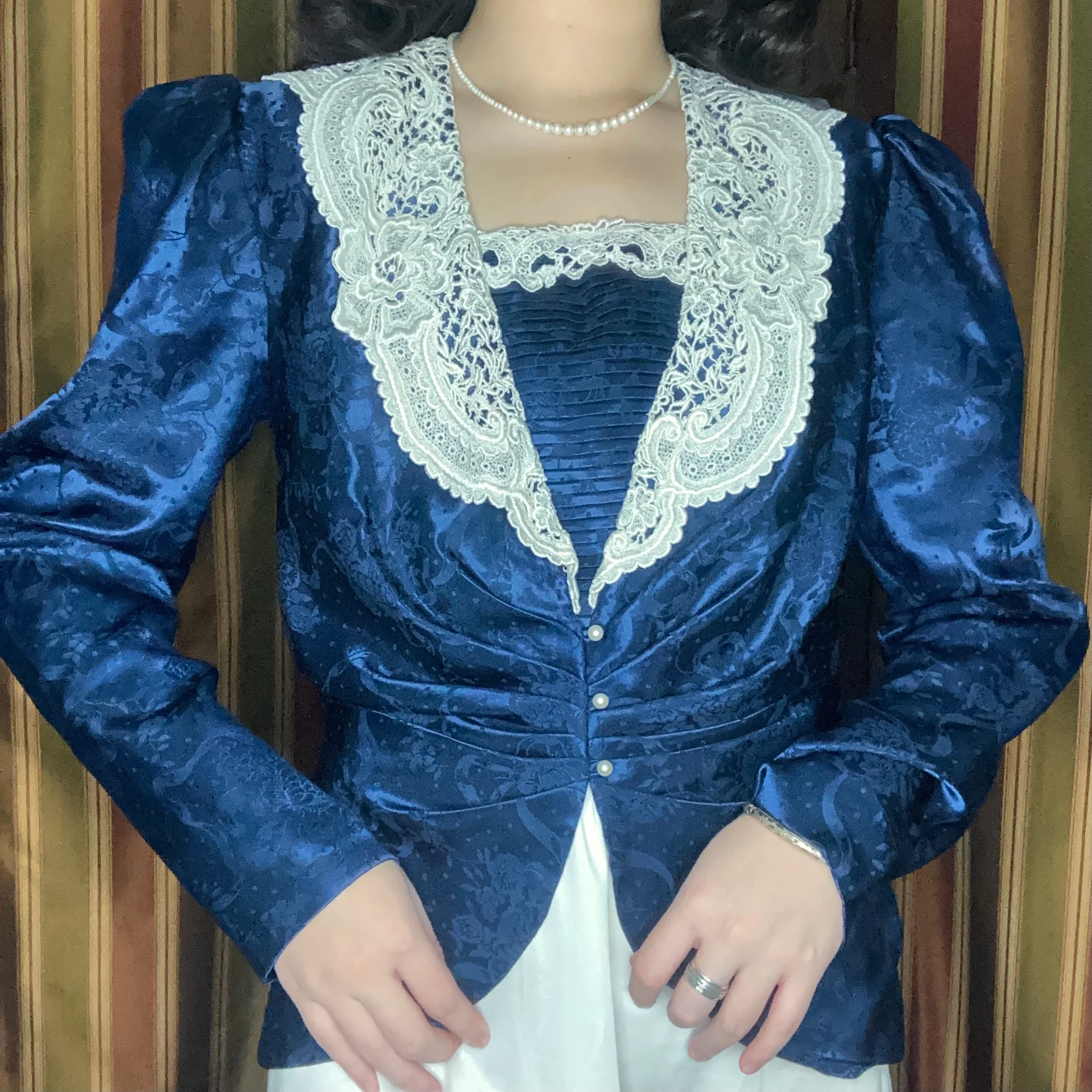 80s Floral Lace Trim Jacquard Formal Jacket Top By Scott McClintock - Image 2