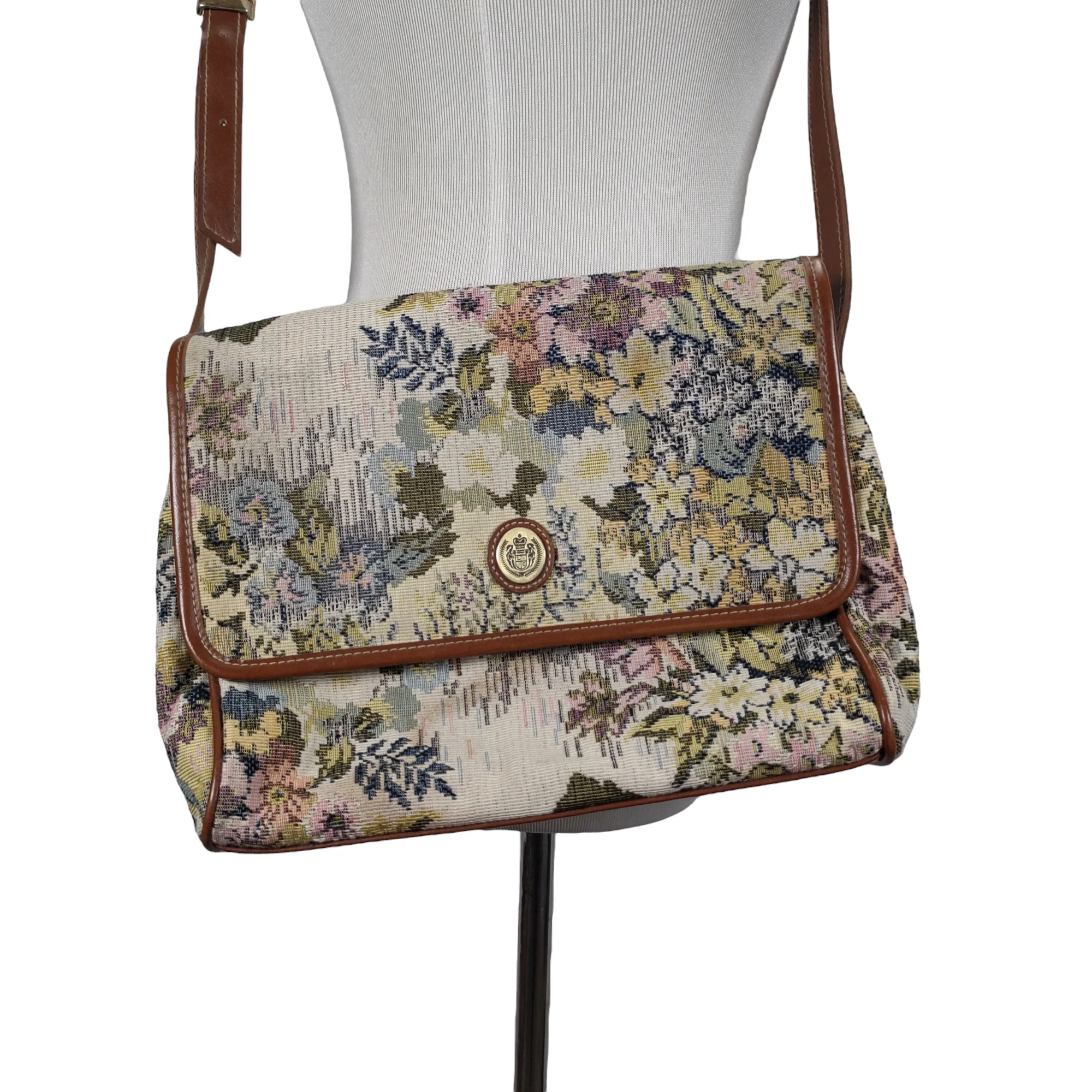 80s Floral Tapestry Shoulder Purse Crossbody Leather By Liz Claiborne - Image 14