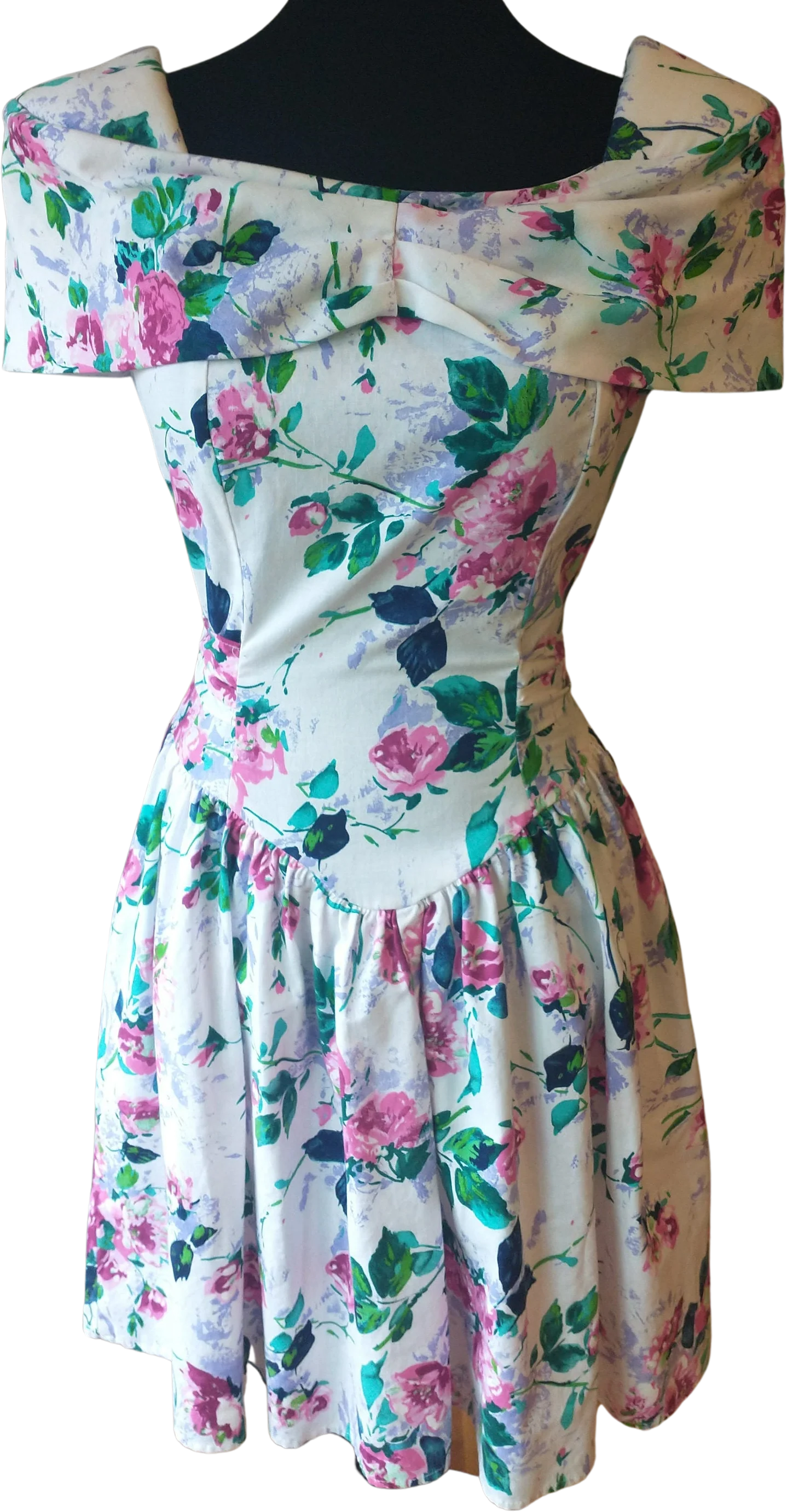 80s Floral White Fit and Flare Off The Shoulder Short Sleeve Dress Basque Waist Size Small by Byer Too!