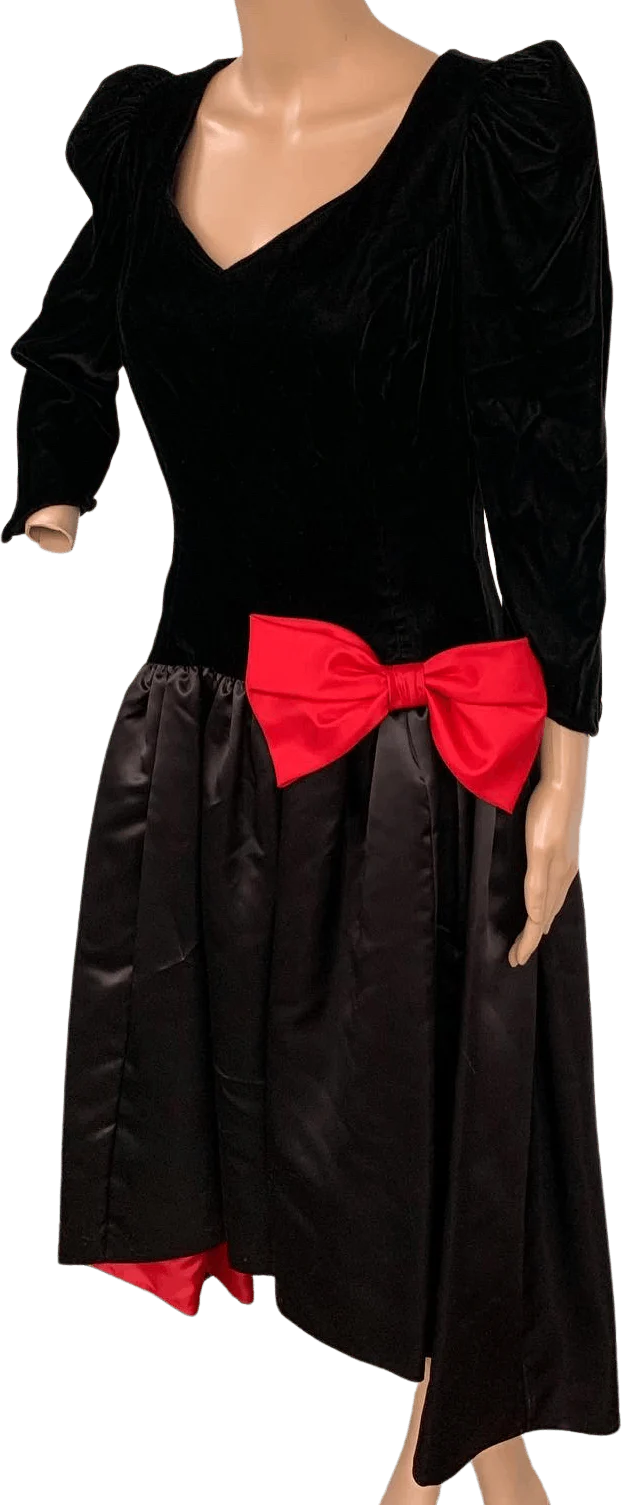 80s Formal Prom Party Velvet And Satin Red Bow Dress S