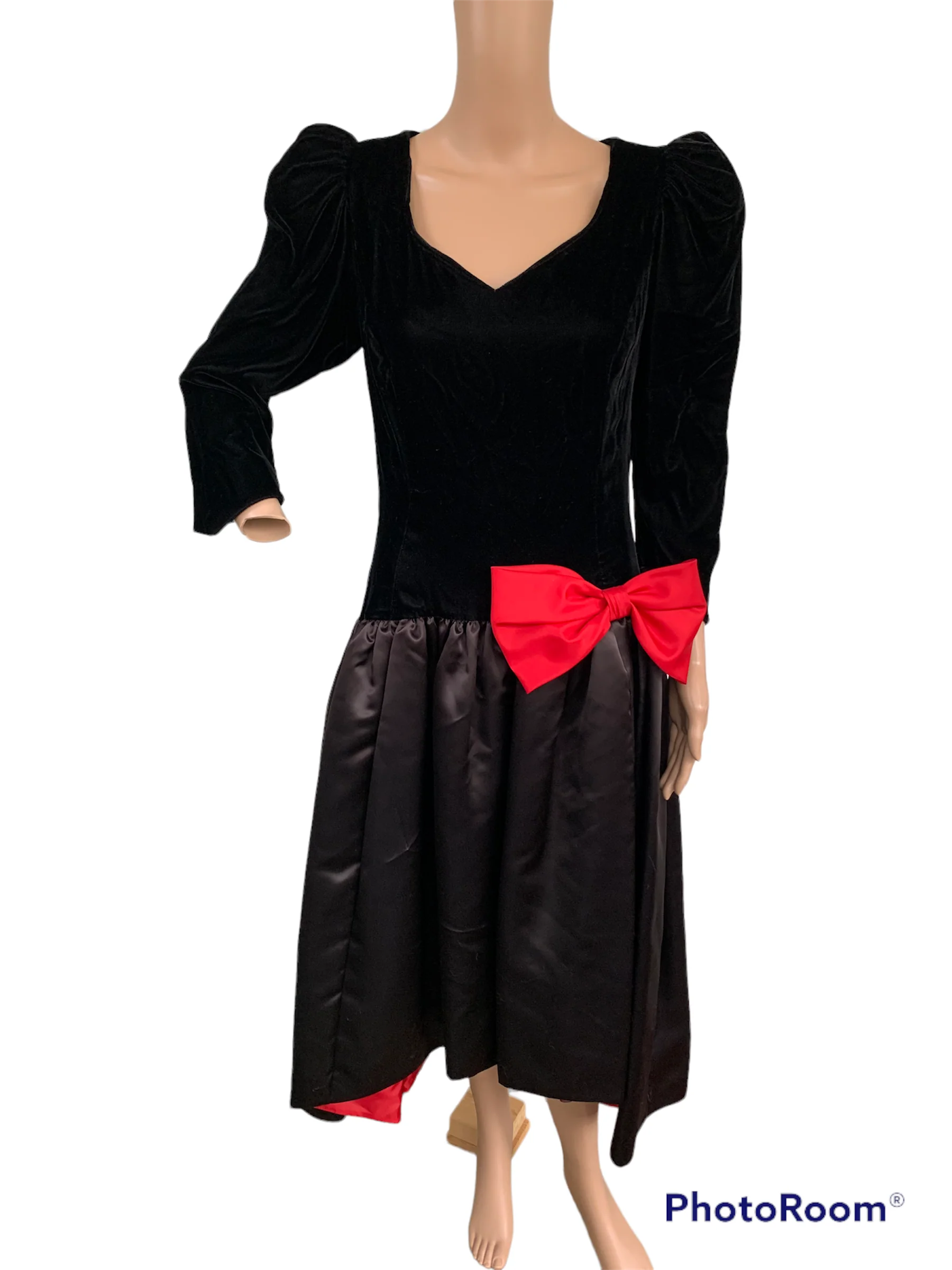 80s Formal Prom Party Velvet And Satin Red Bow Dress S - Image 3