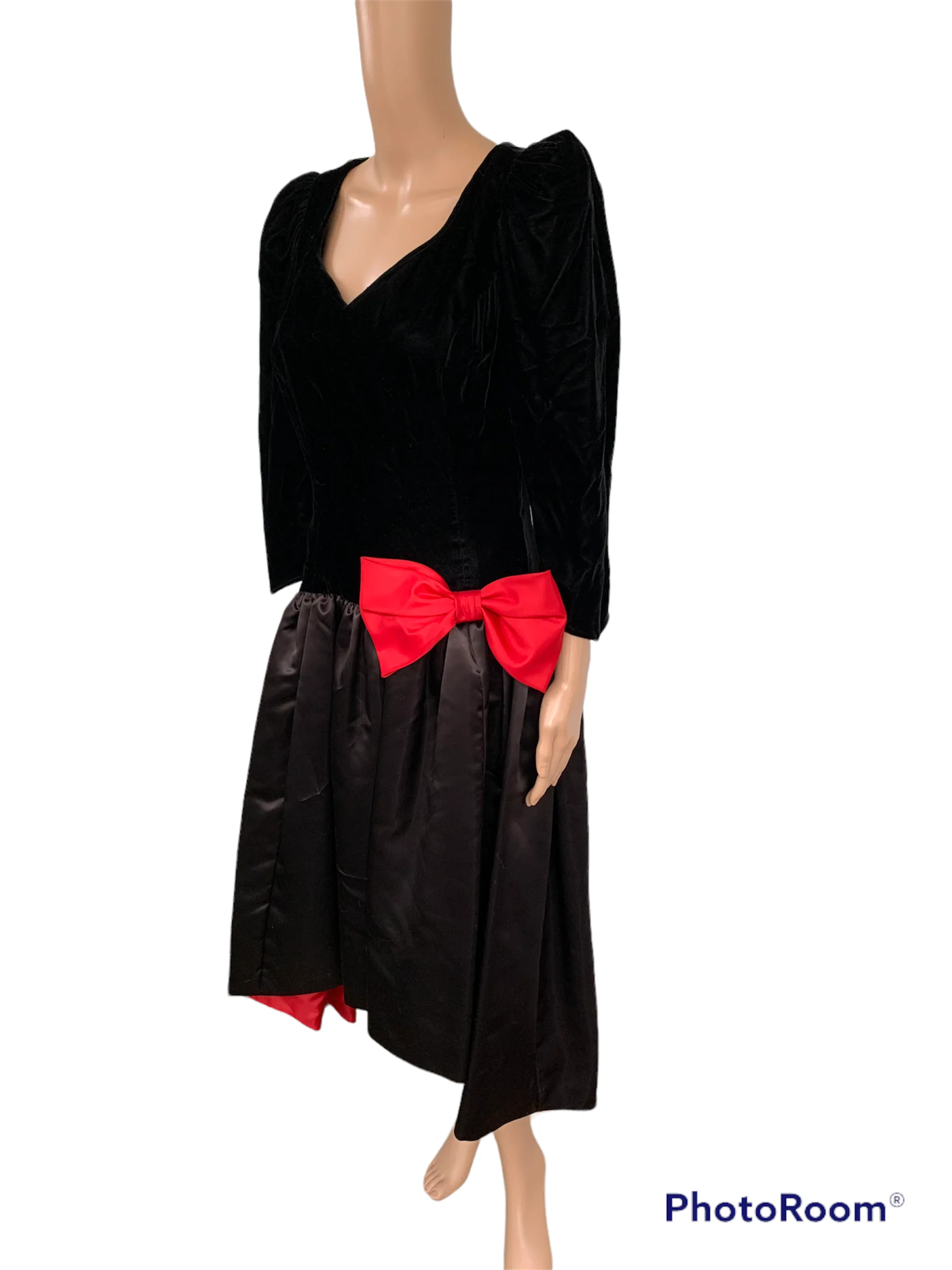 80s Formal Prom Party Velvet And Satin Red Bow Dress S - Image 4