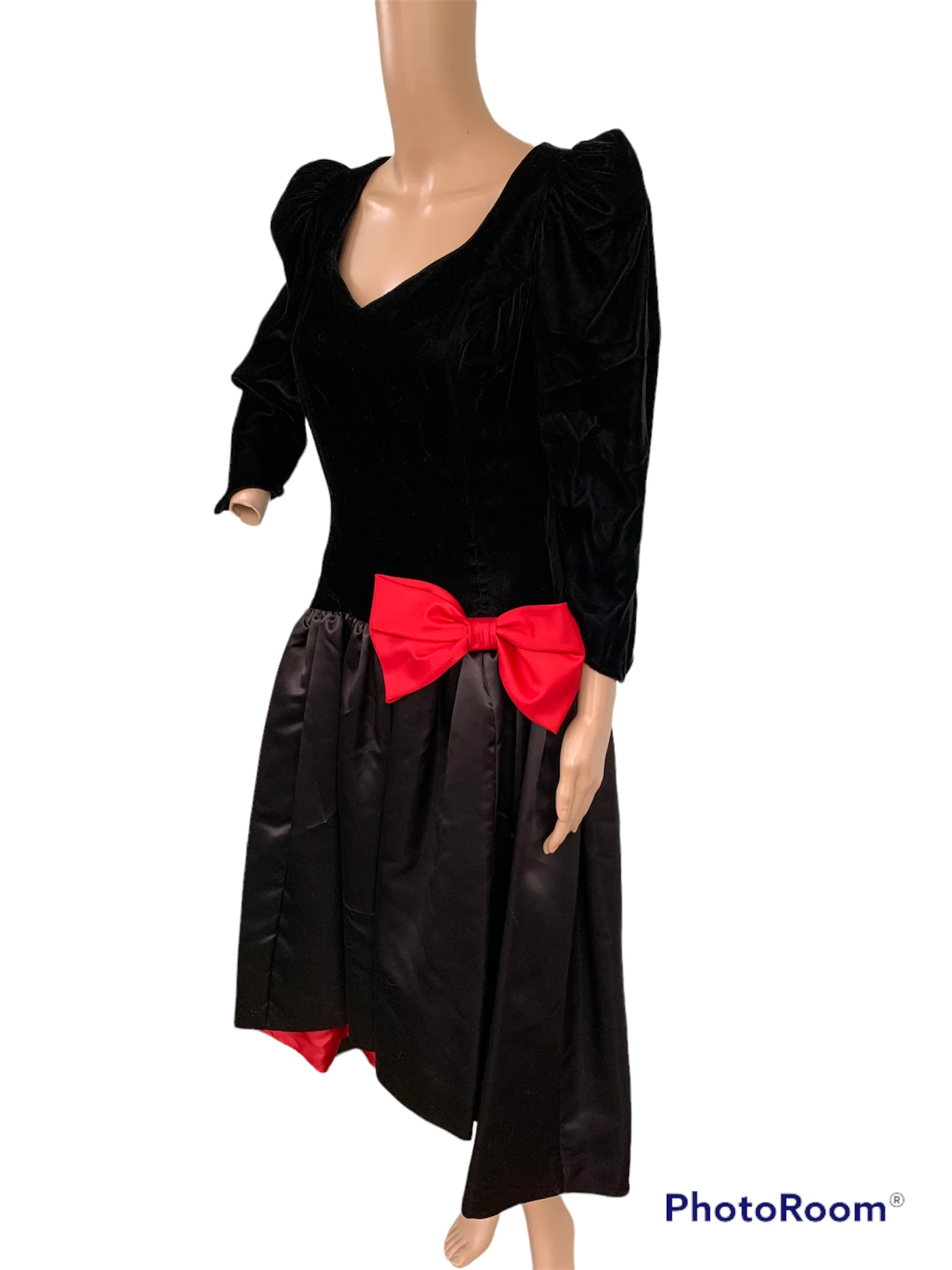 80s Formal Prom Party Velvet And Satin Red Bow Dress S - Image 5
