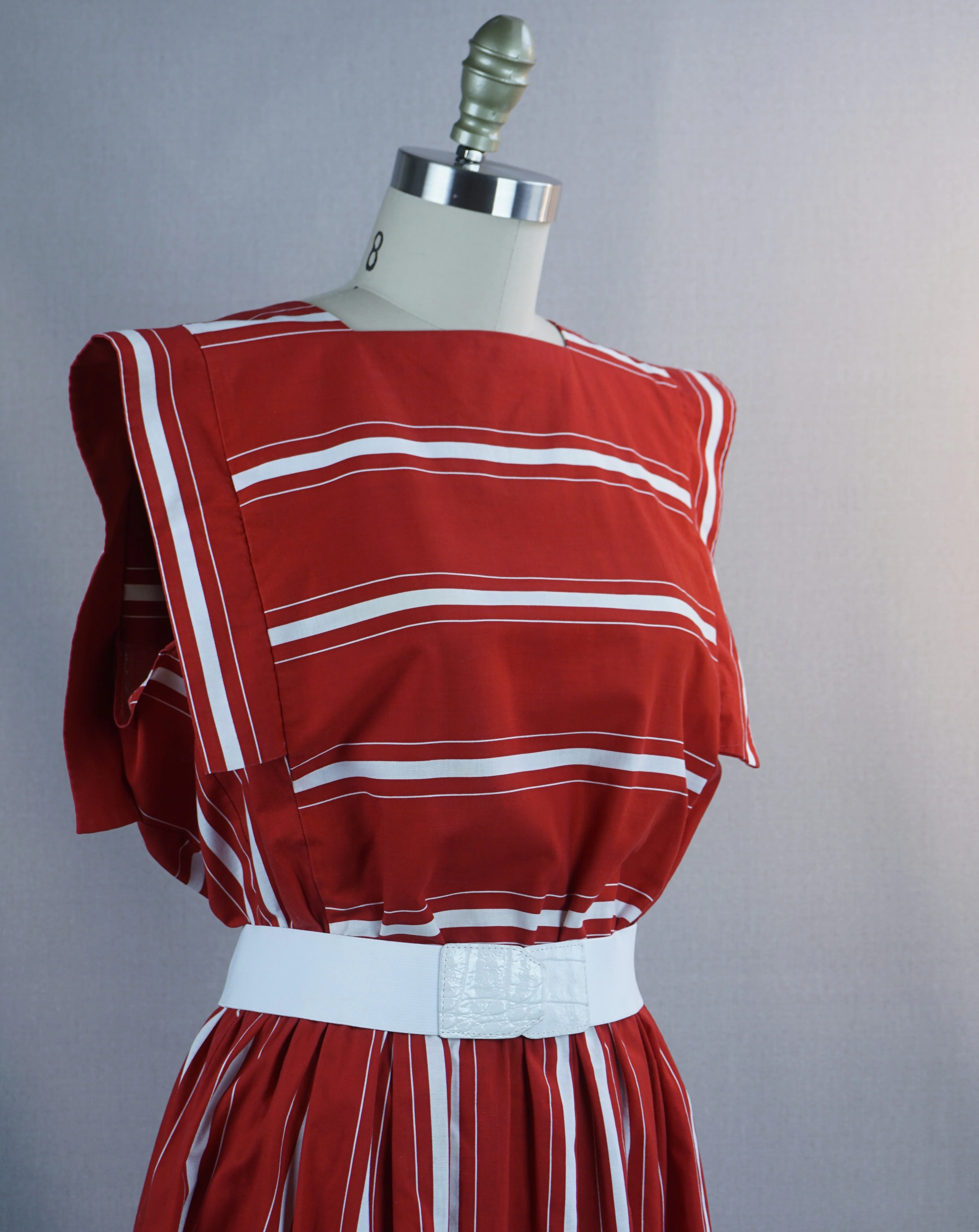 80s Full Skirt Red And White Stripe Cotton Dress - Image 5