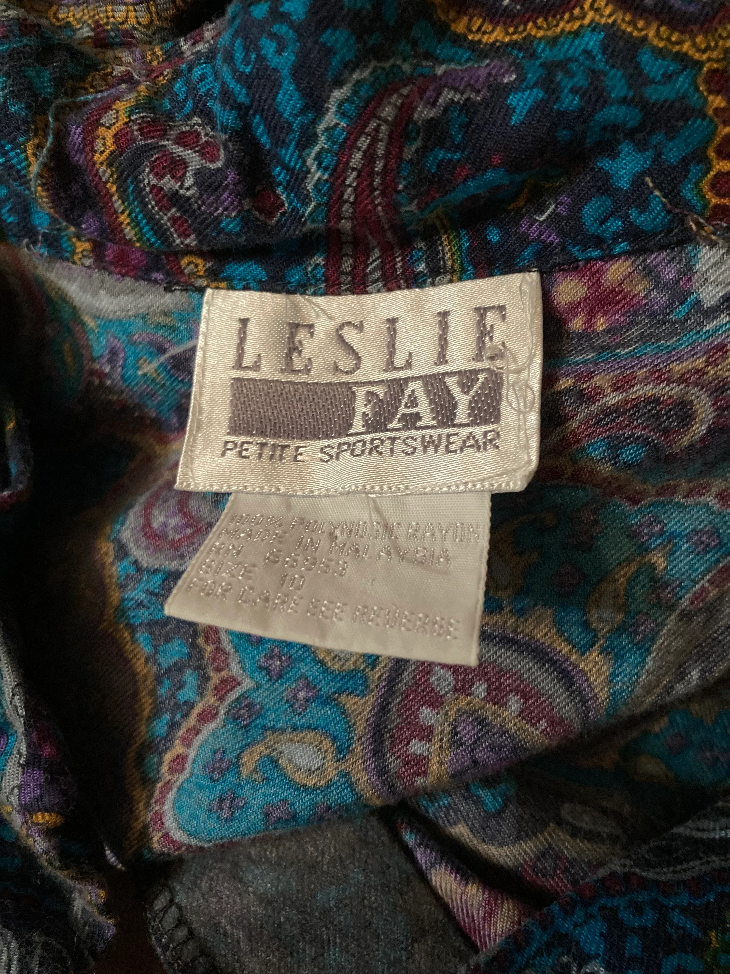 80s Funky Paisley Pattern Button Up W Shoulder Padd By Leslie Fay - Image 3