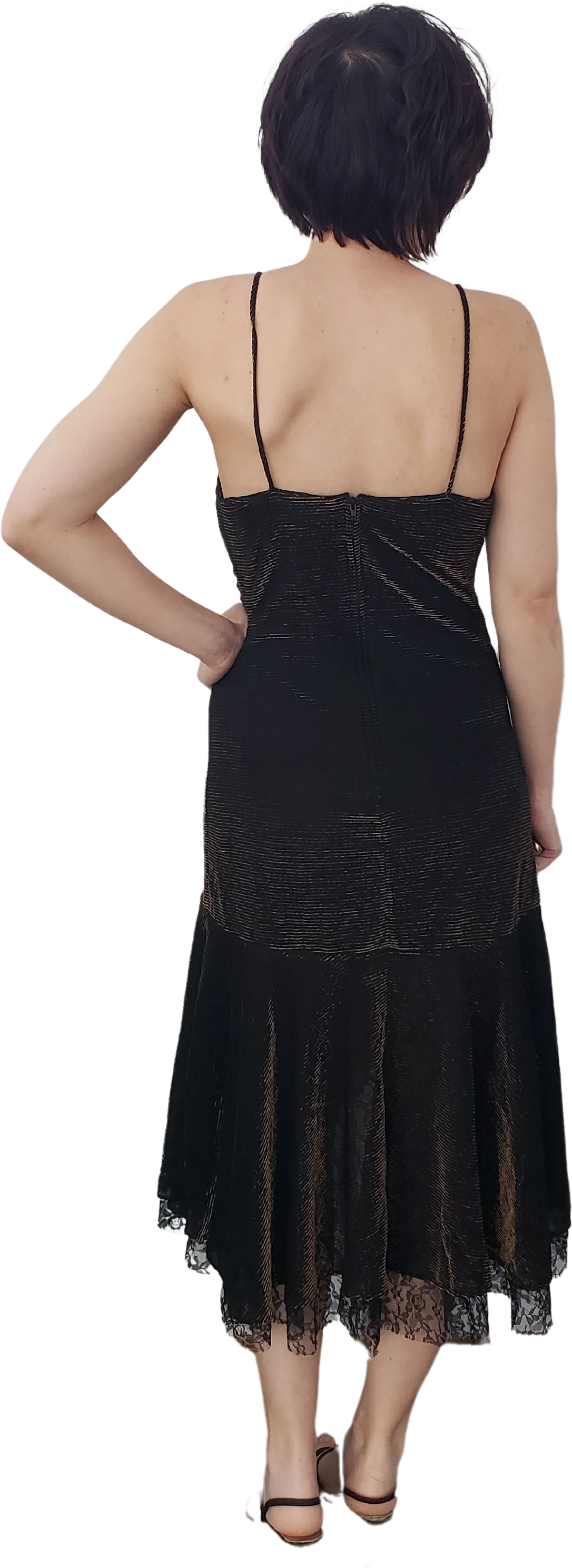 80s Gold And Black Ruffle And Lace Party Dress By Stash - Image 2
