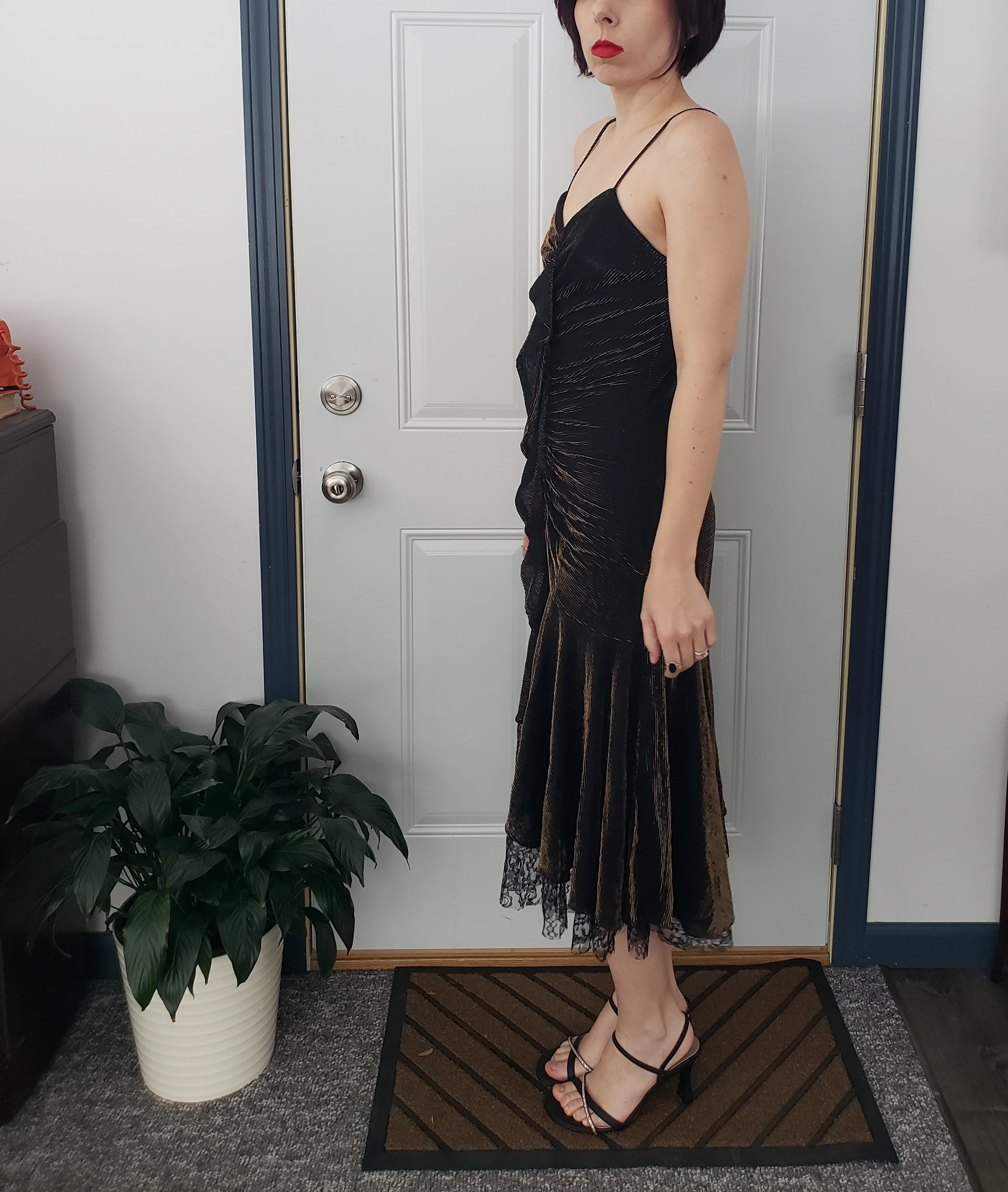 80s Gold And Black Ruffle And Lace Party Dress By Stash - Image 4