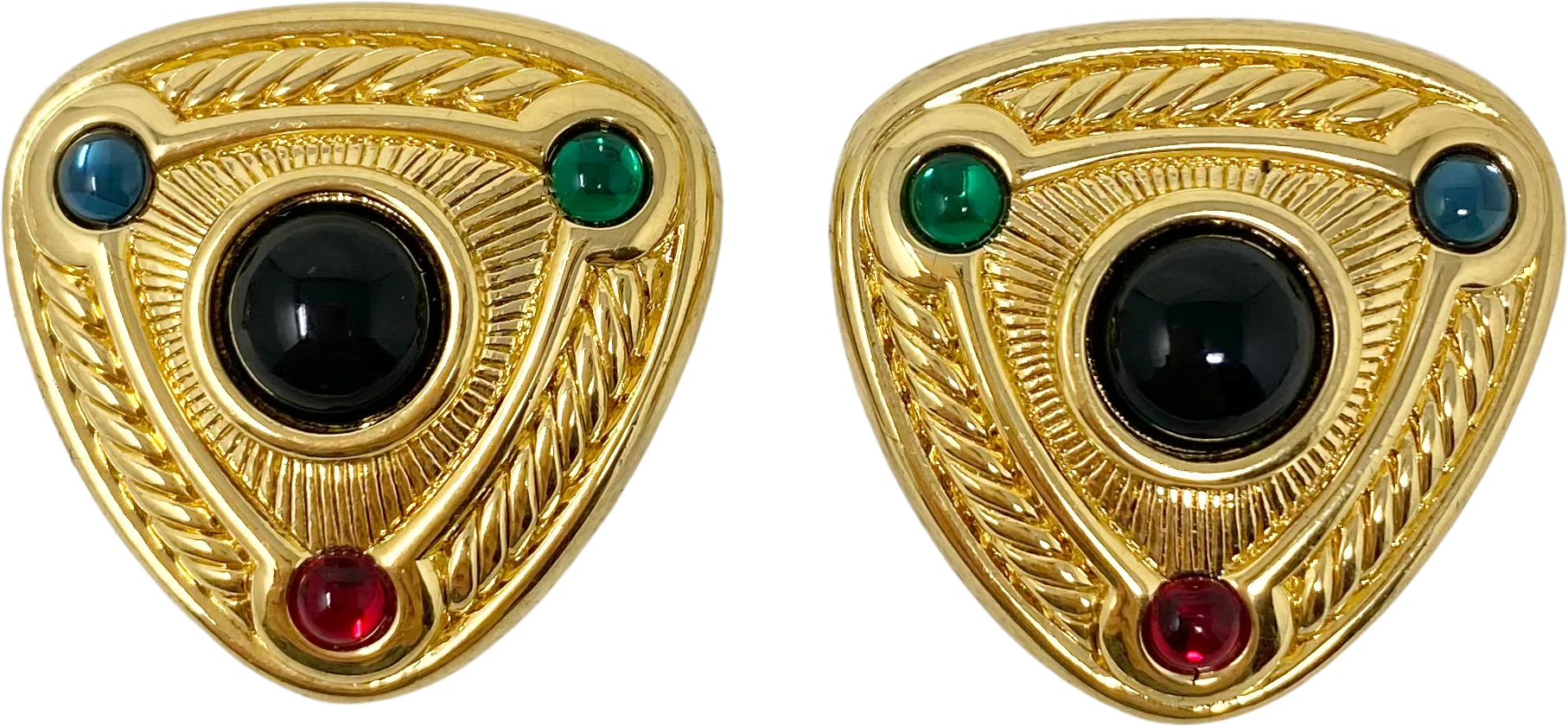 80s Gold And Colorful Cabochon Clip On Earrings By Crystalline