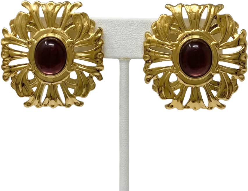 80s Gold And Purple Cabochon Clip On Earrings