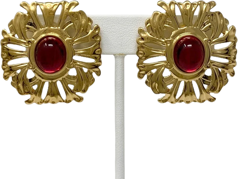 80s Gold And Red Cabochon Clip On Earrings