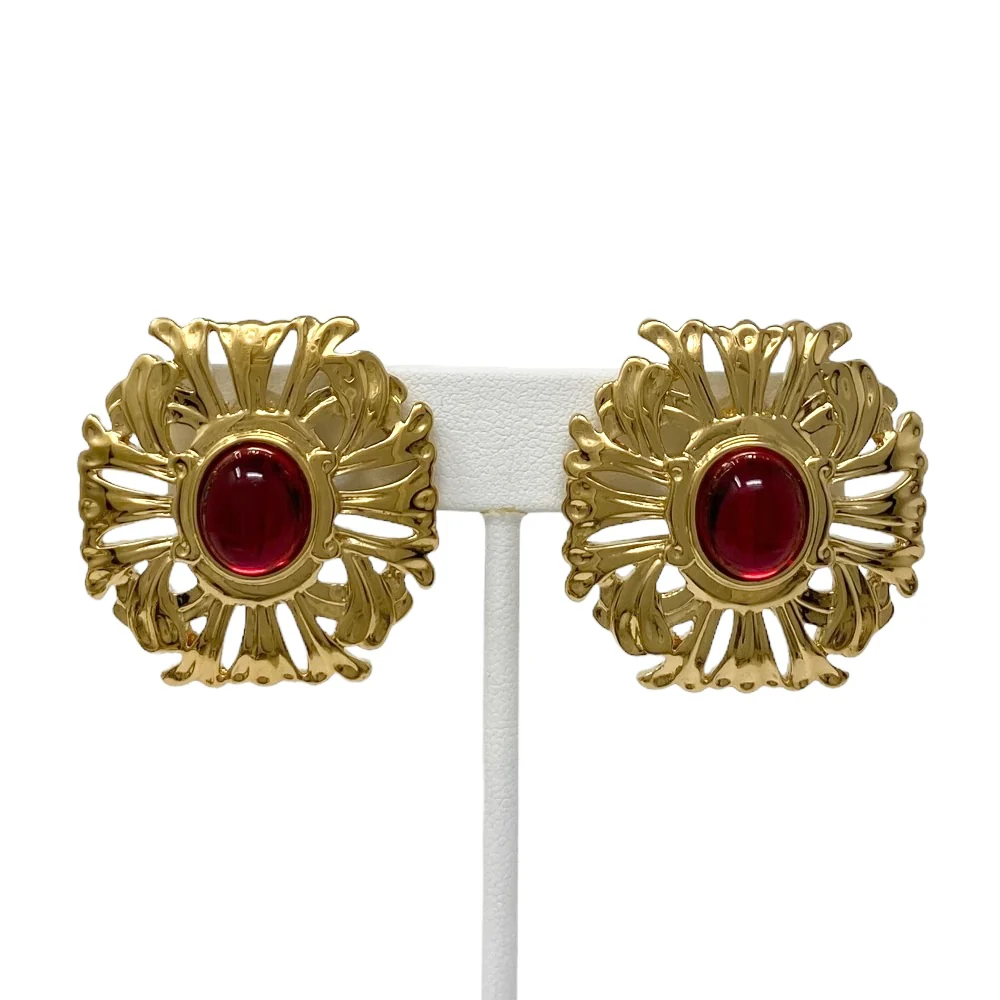 80s Gold And Red Cabochon Clip On Earrings - Image 3