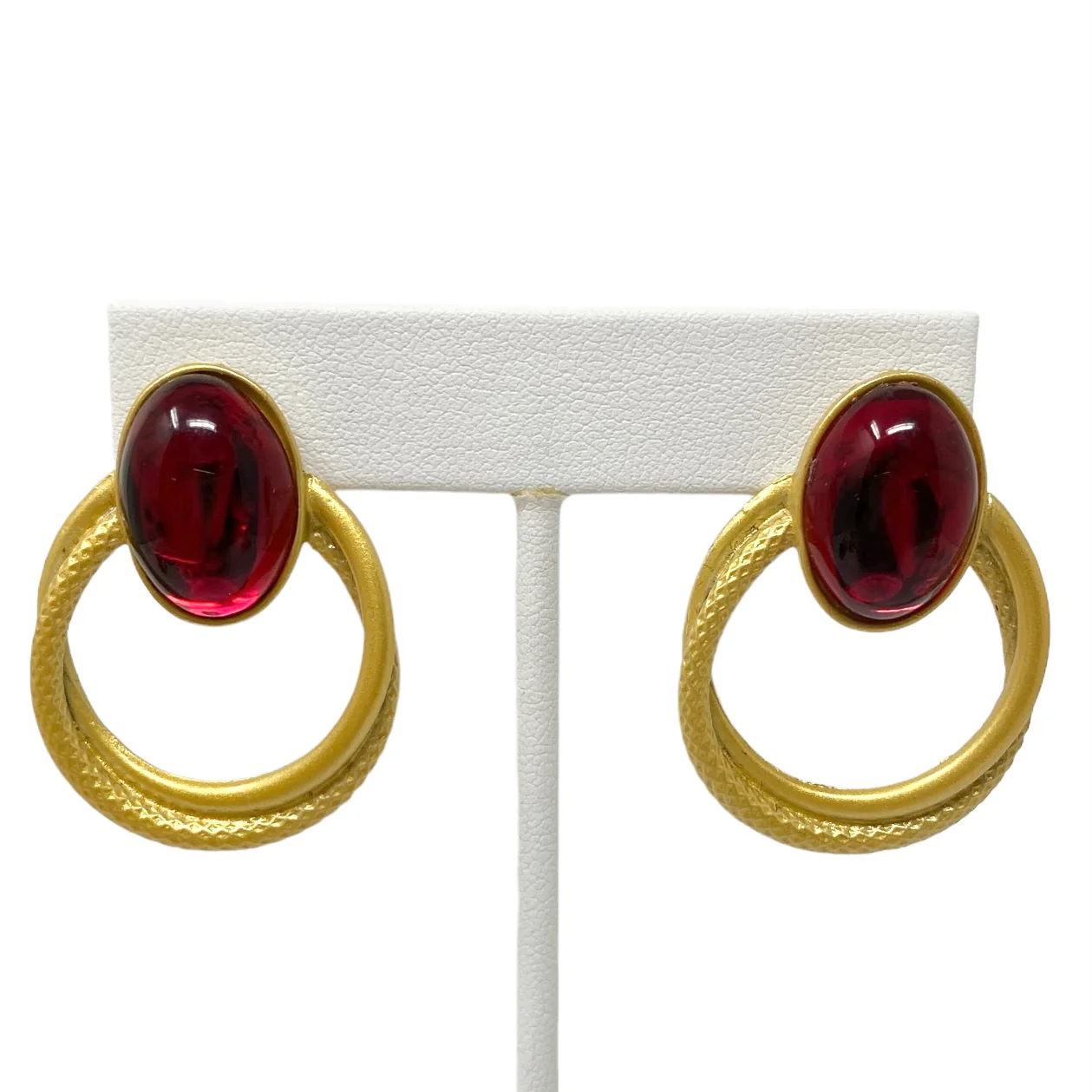 80s Gold And Red Cabochon Stud Earrings - Image 4