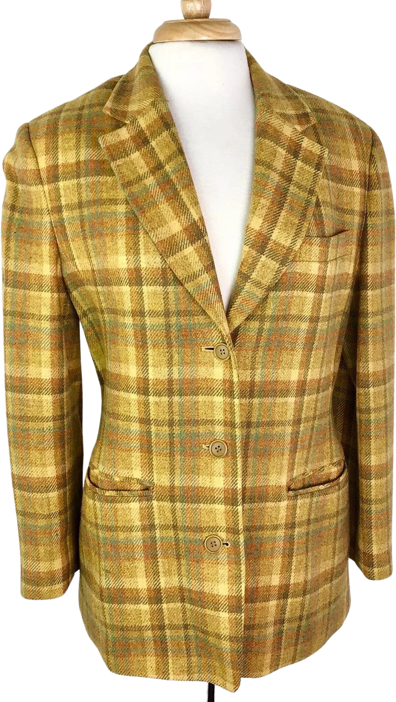 80s Gold Copper, and Blue Plaid Wool Blazer by Christian Dior