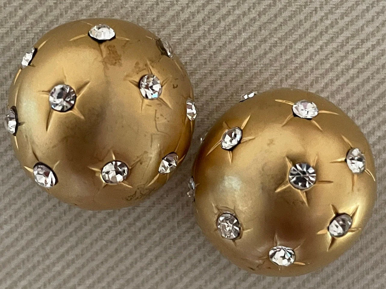 80s Gold Dome Clip On Statement Earrings Crystal Accents - Image 2