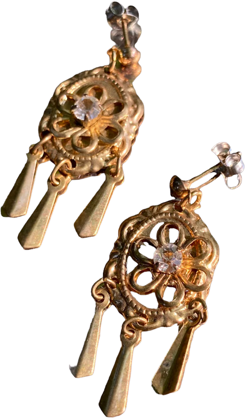 80s Gold Tone Flower And Frame Artdeco Stud Dangles