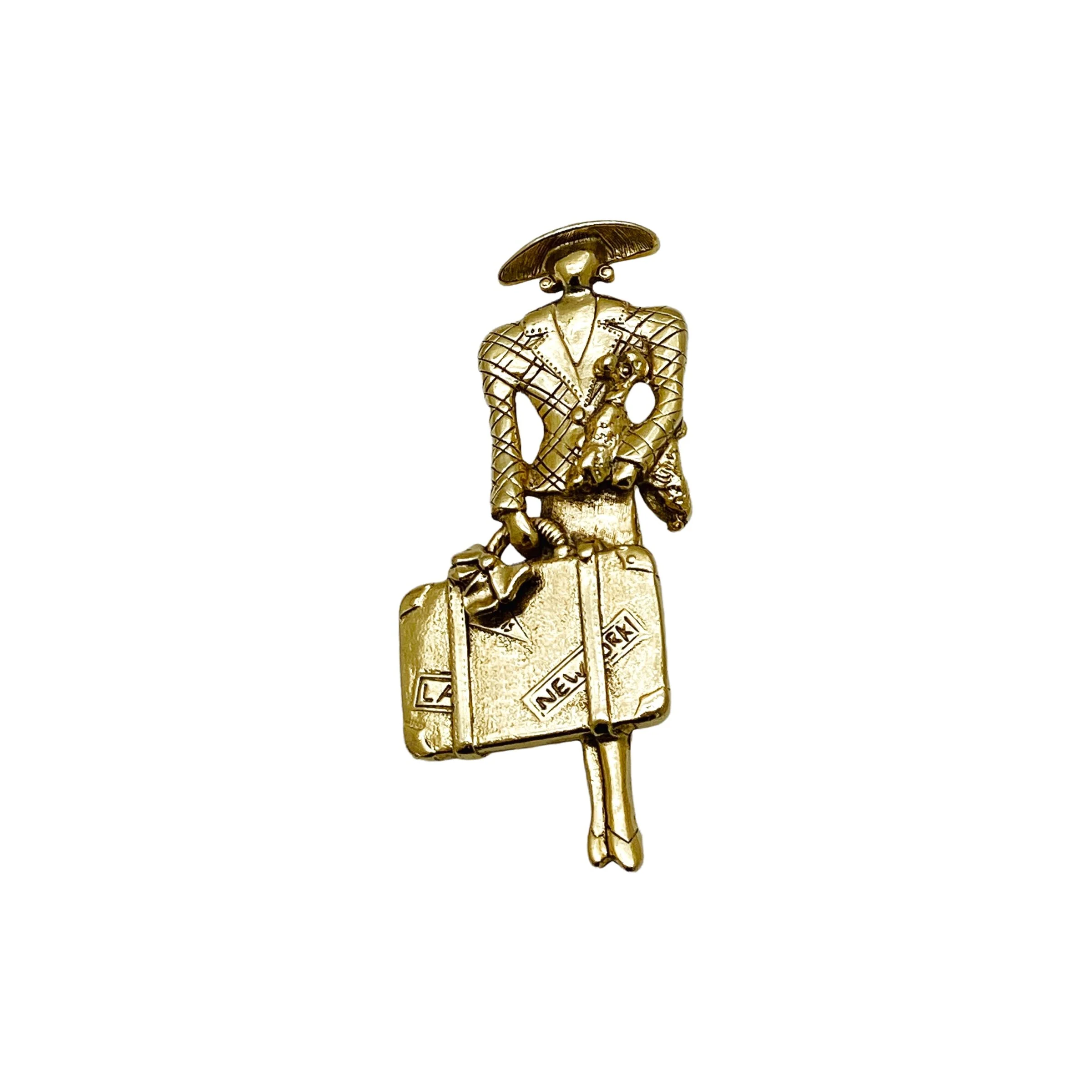 80s Gold Plated Lady Traveler Large 3d Brooch Pin - Image 14