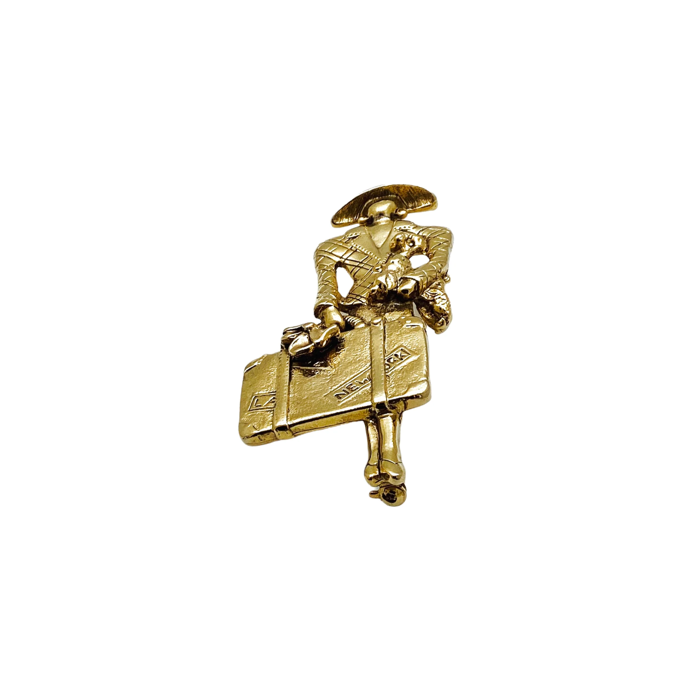 80s Gold Plated Lady Traveler Large 3d Brooch Pin - Image 4