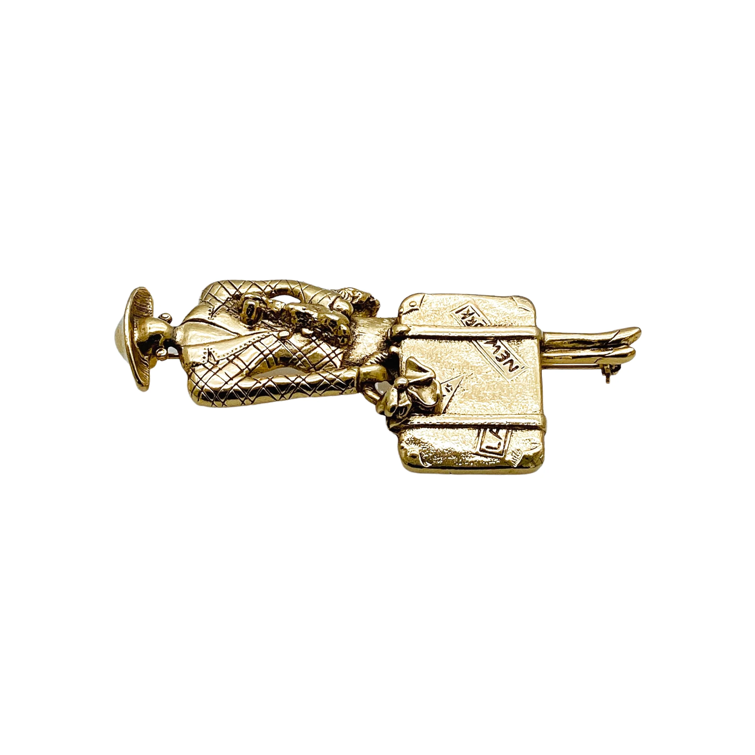 80s Gold Plated Lady Traveler Large 3d Brooch Pin - Image 9
