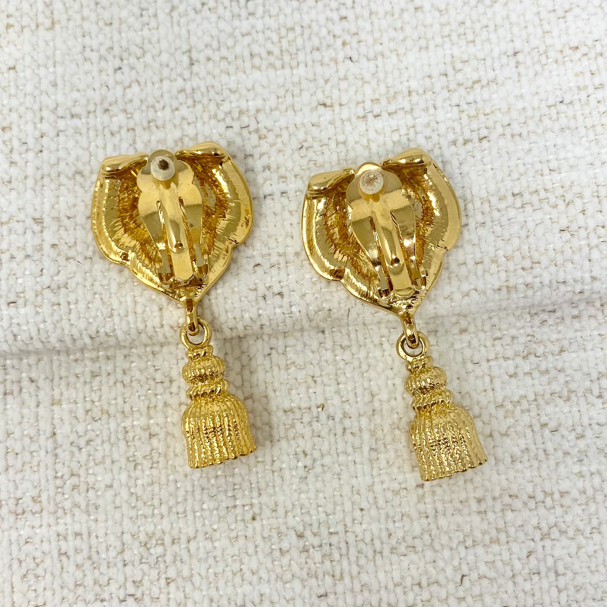 80s Gold Rhinestone Tassel Dangle Clip On Earrings By Crystalline - Image 2