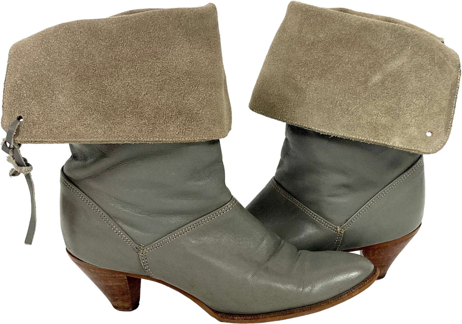 80s Gray Cropped Leather Pirate Cuff Folded Suede Boots High Heel Dingo Vintage Booties by Dingo