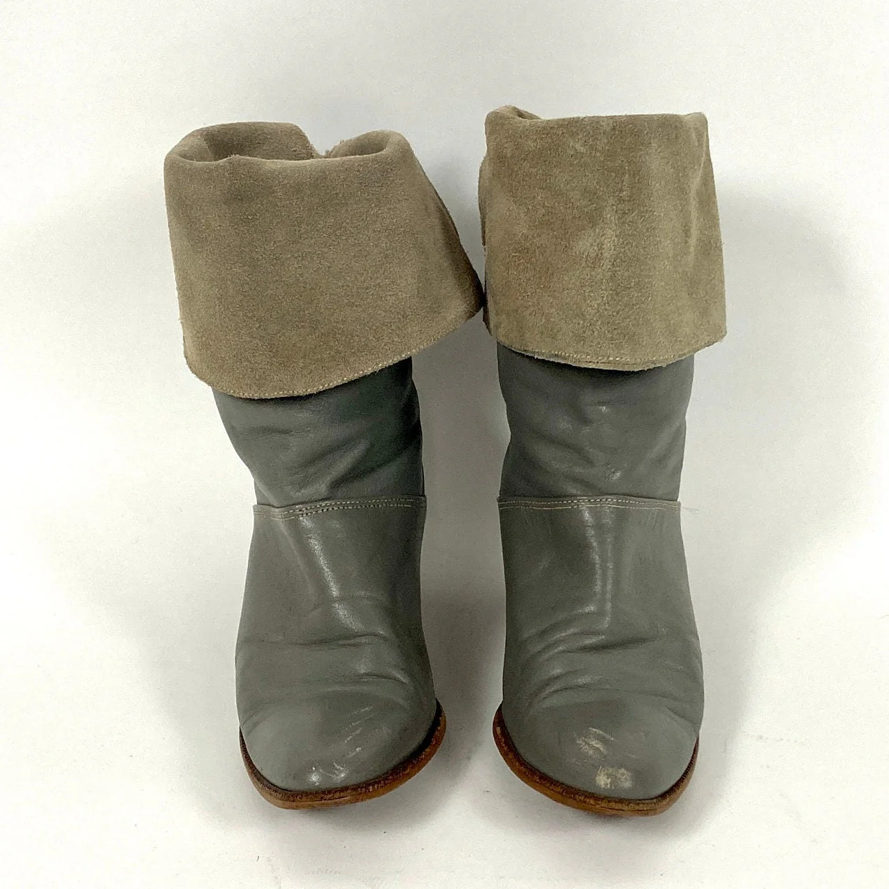 80s Gray Cropped Leather Pirate Cuff Folded Suede Boots High Heel Dingo Vintage Booties by Dingo - Image 2