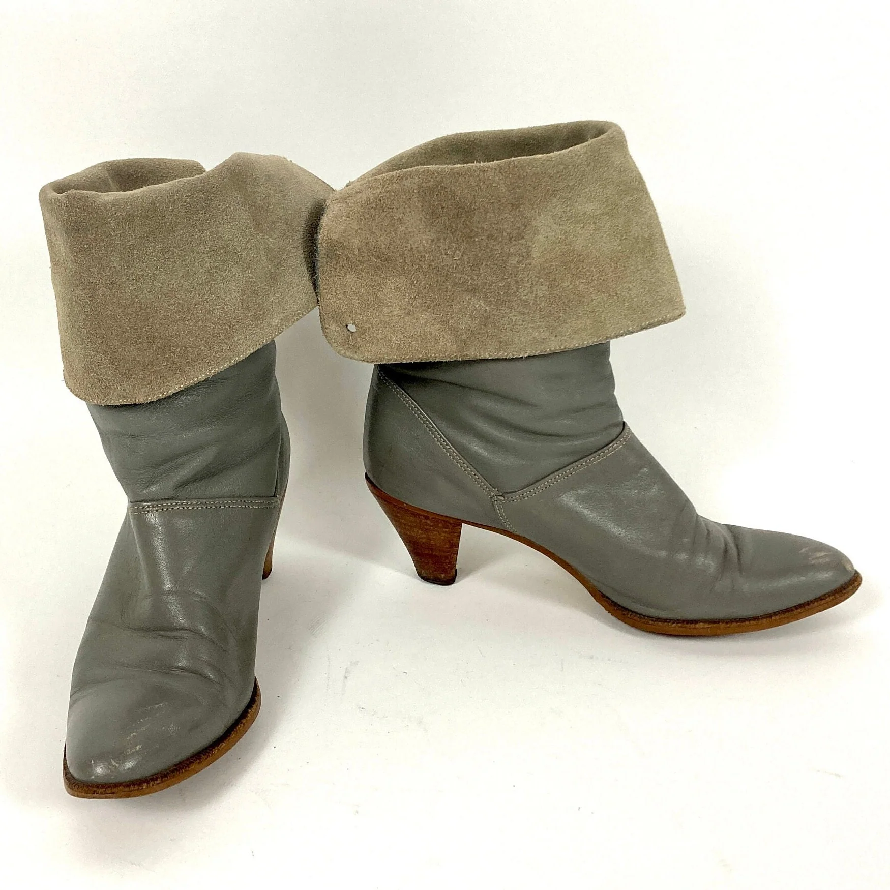 80s Gray Cropped Leather Pirate Cuff Folded Suede Boots High Heel Dingo Vintage Booties by Dingo - Image 5