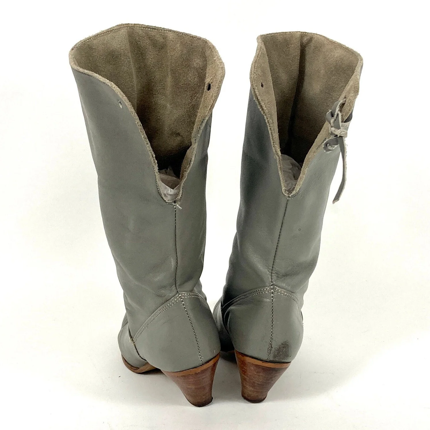 80s Gray Cropped Leather Pirate Cuff Folded Suede Boots High Heel Dingo Vintage Booties by Dingo - Image 7