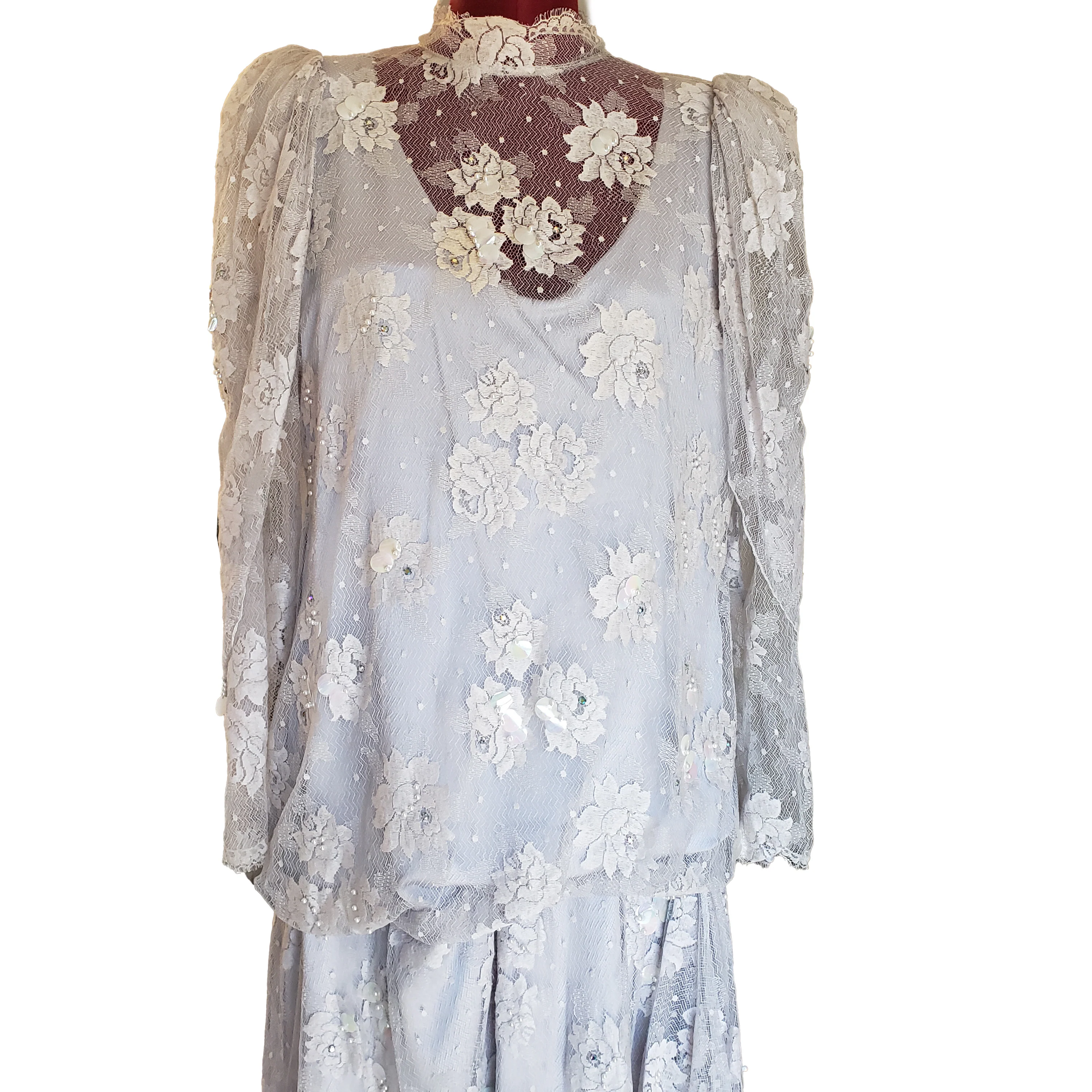 80s Gray Lace Dropwaist Dress High Neck Sequins M By Rina Di Montella - Image 3