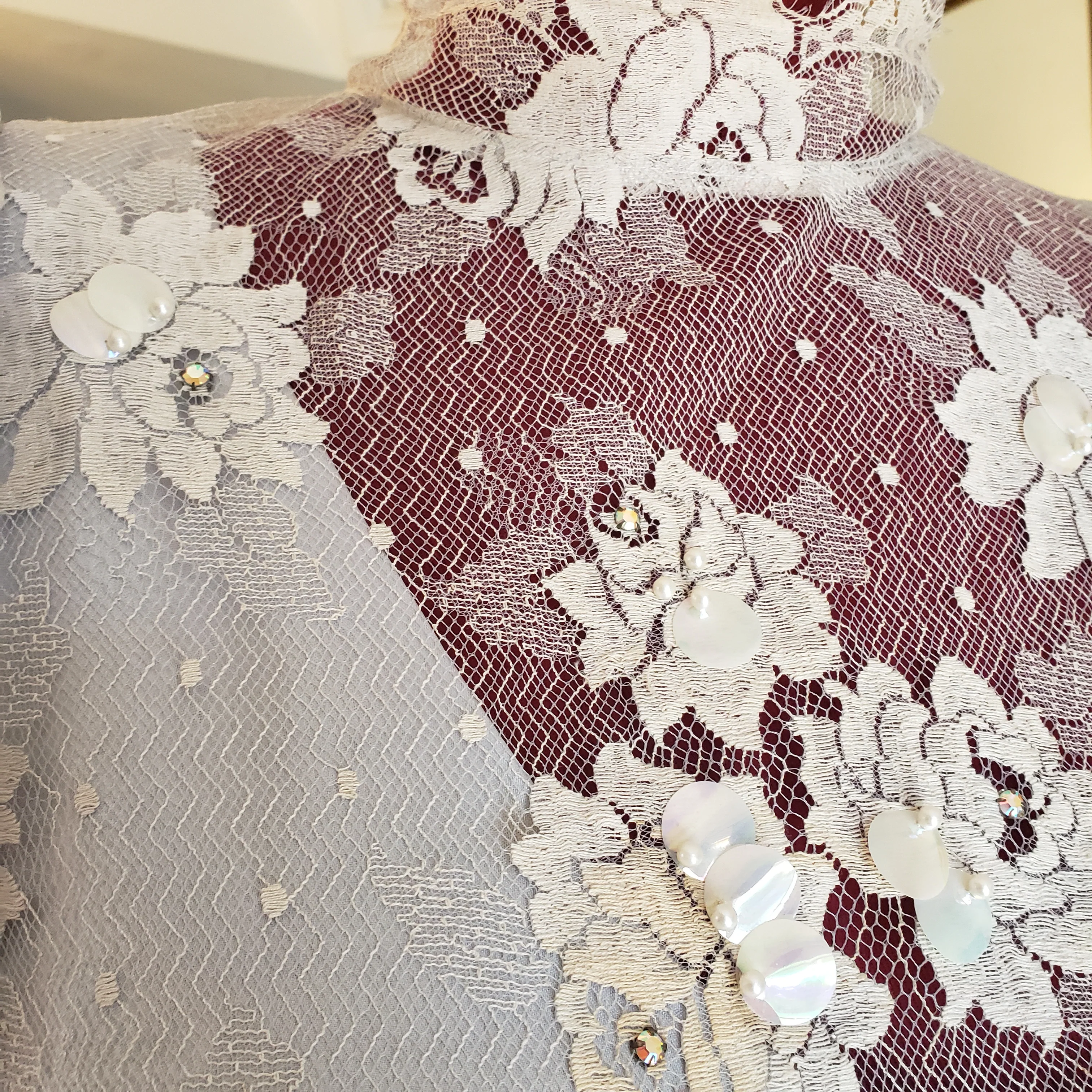 80s Gray Lace Dropwaist Dress High Neck Sequins M By Rina Di Montella - Image 5