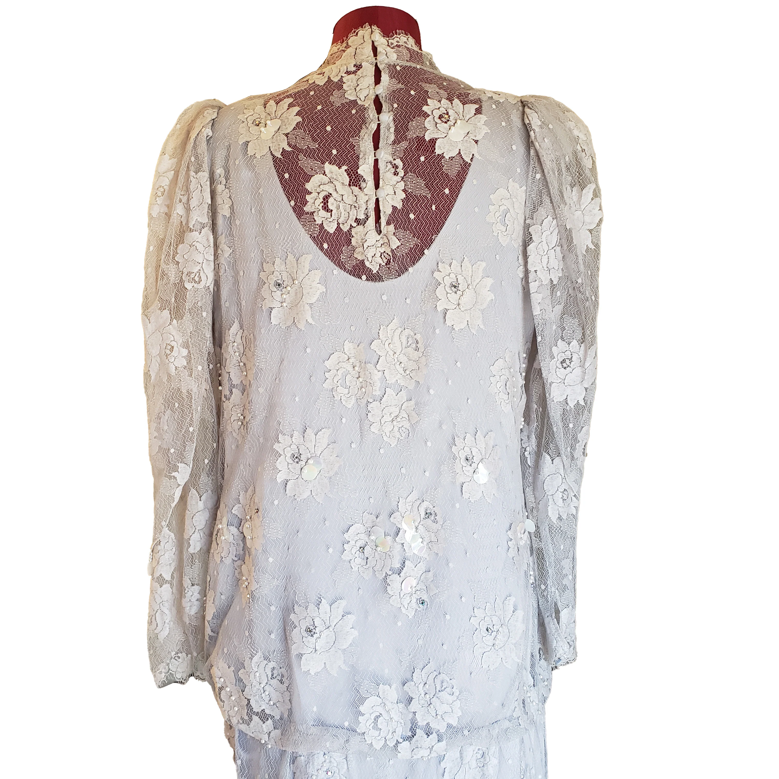 80s Gray Lace Dropwaist Dress High Neck Sequins M By Rina Di Montella - Image 8