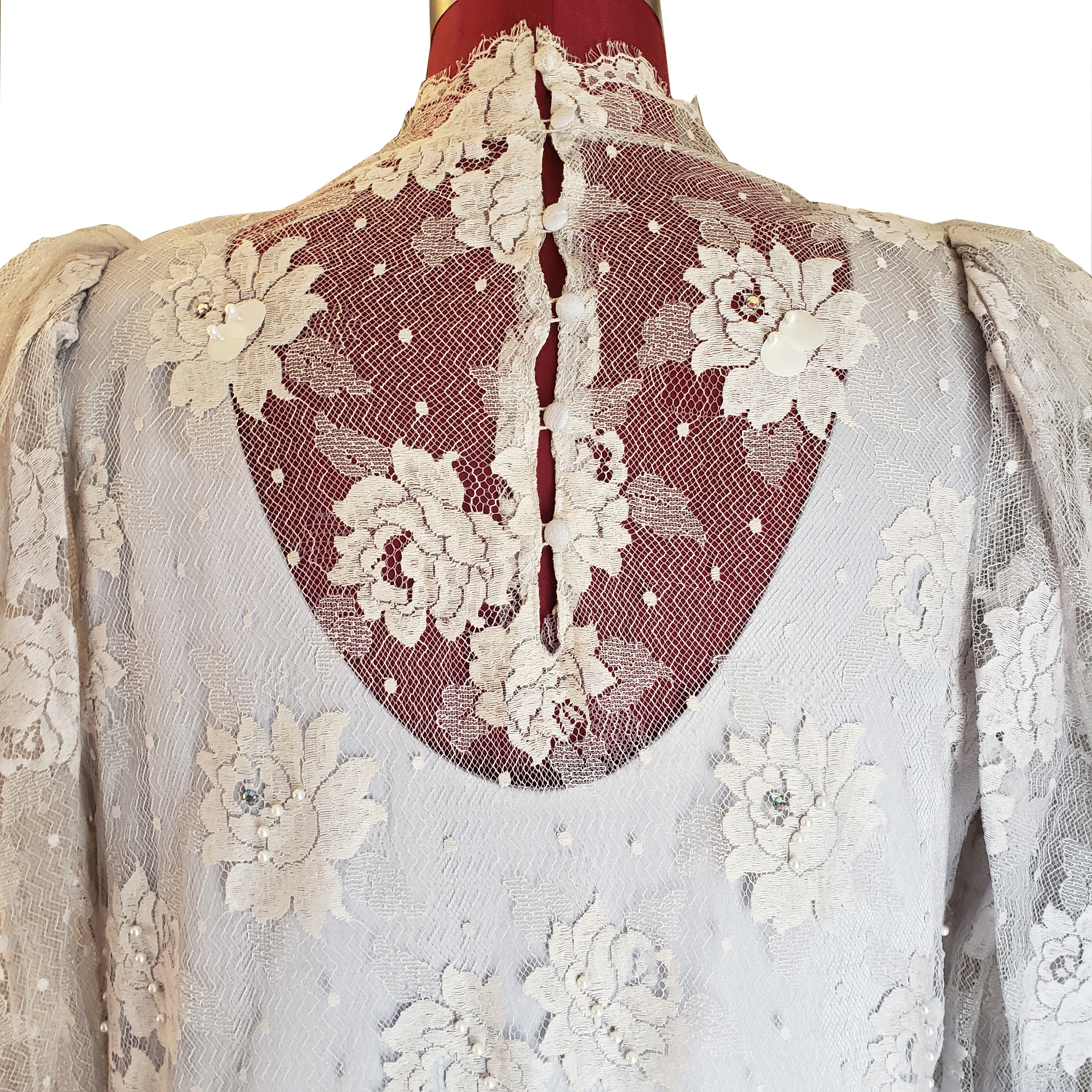 80s Gray Lace Dropwaist Dress High Neck Sequins M By Rina Di Montella - Image 9