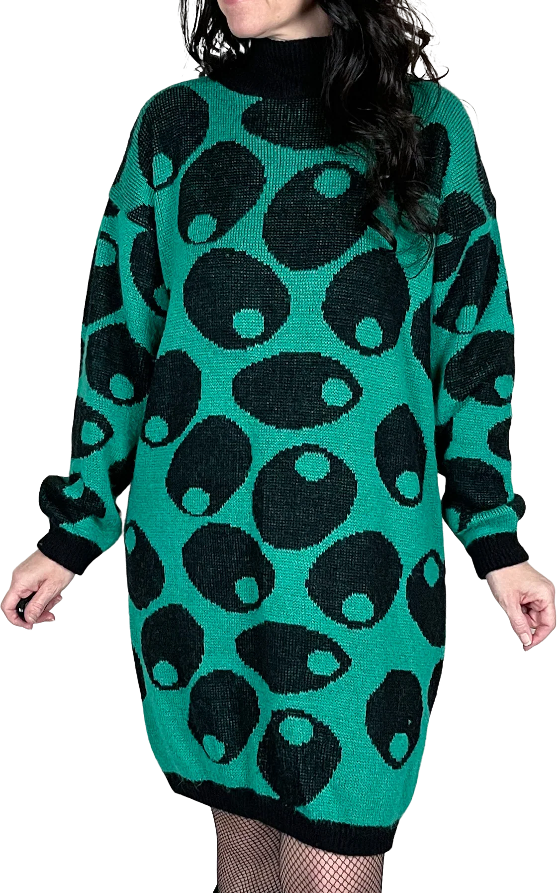 80s Green And Black Olive Graphic Mini Sweater Dress By Esprit