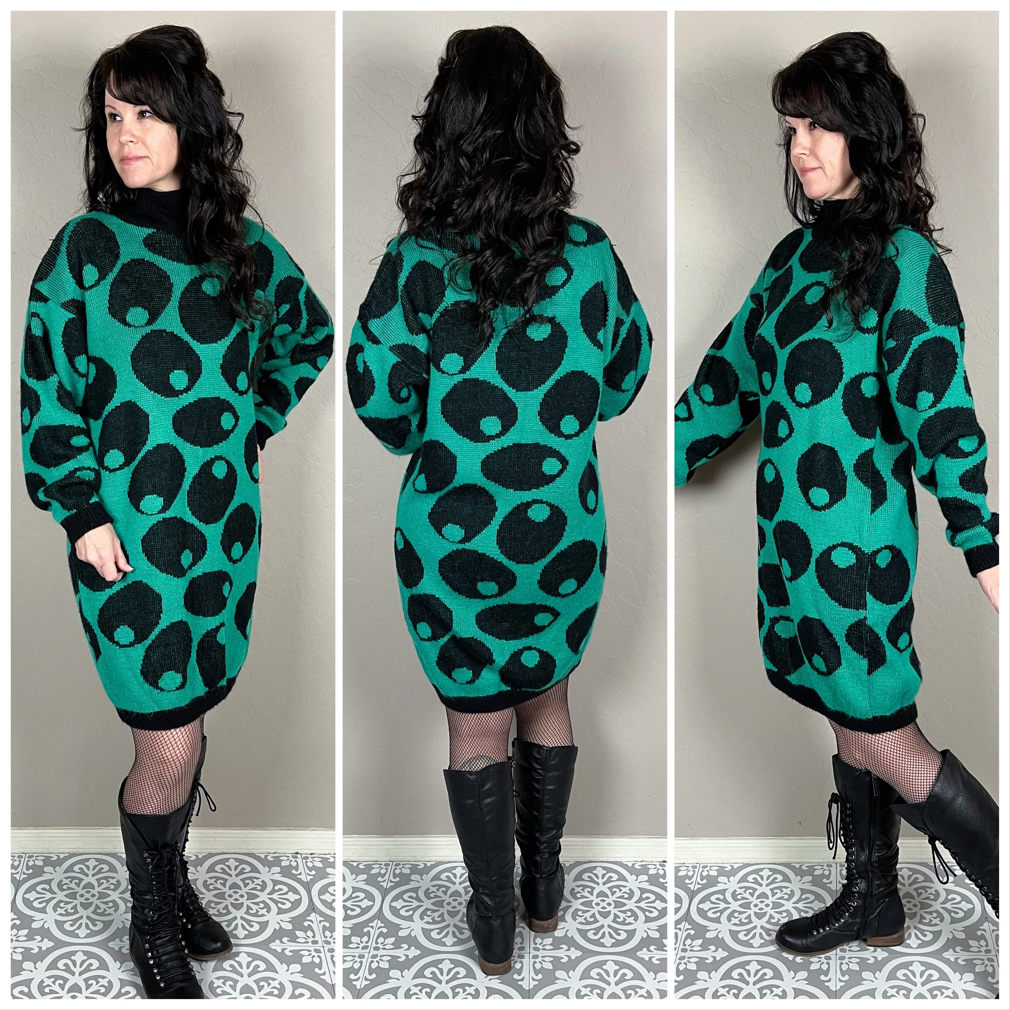 80s Green And Black Olive Graphic Mini Sweater Dress By Esprit - Image 3