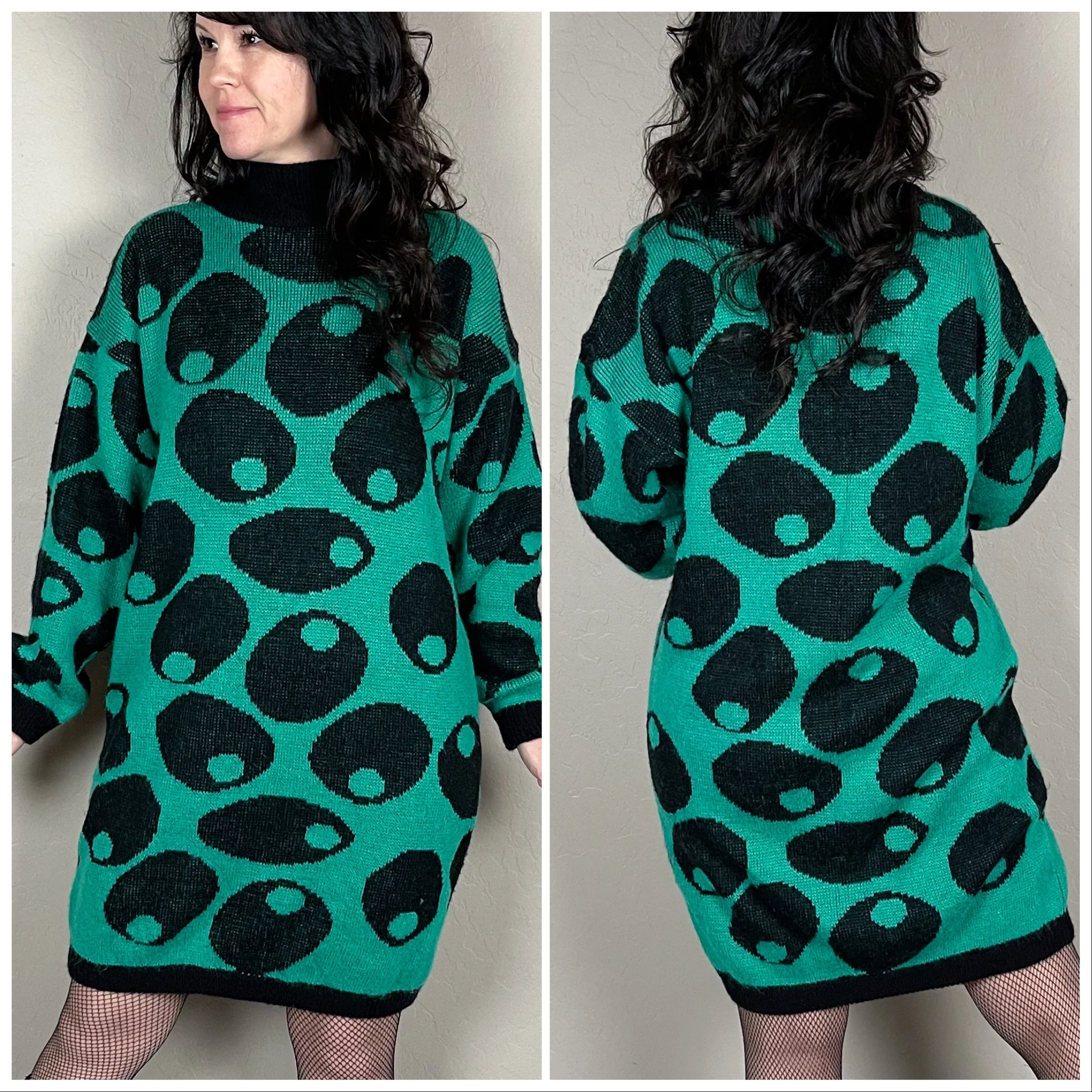 80s Green And Black Olive Graphic Mini Sweater Dress By Esprit - Image 4
