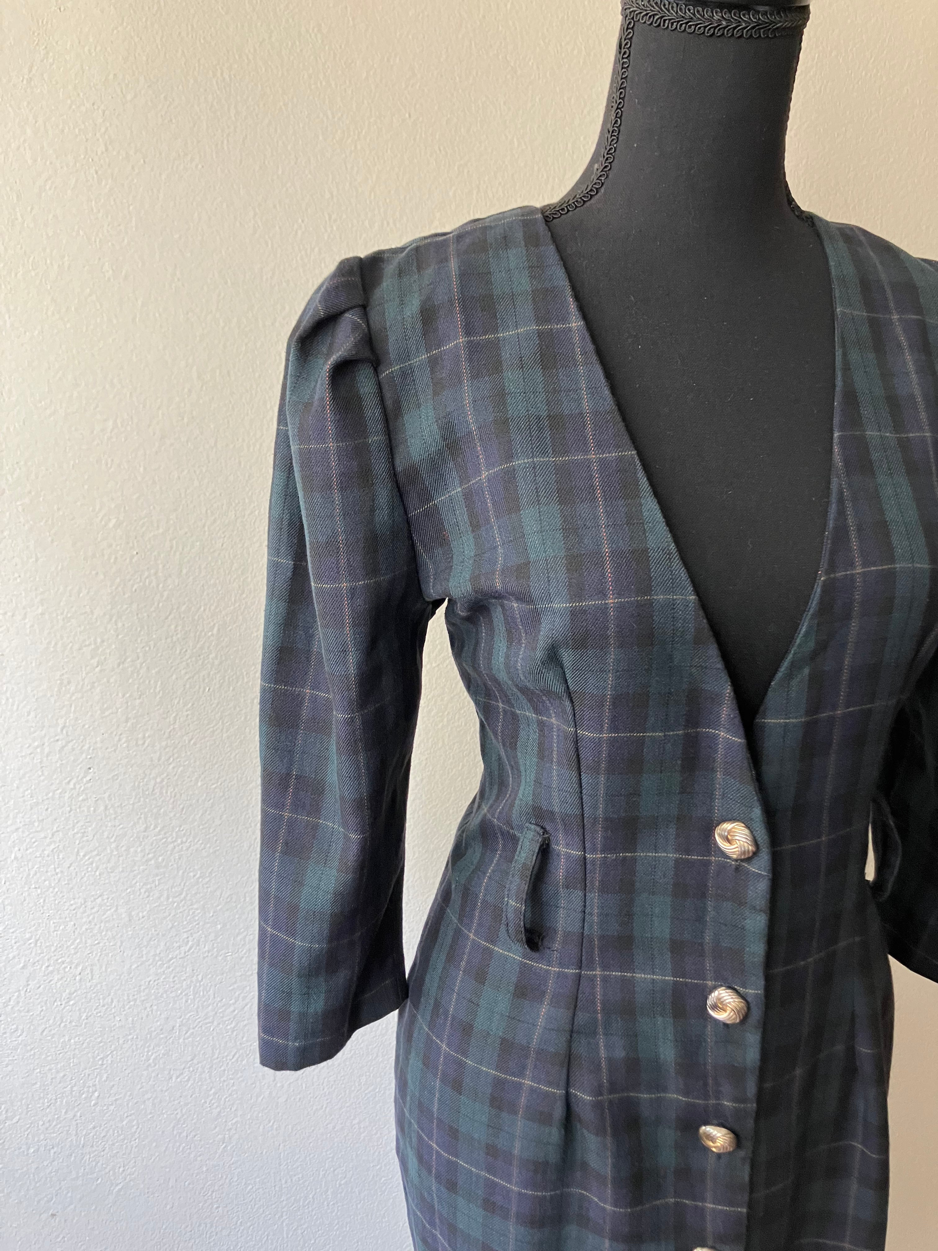 80s Green And Blue Tartan Plaid Midi Dress By Whirlaway Frocks - Image 4