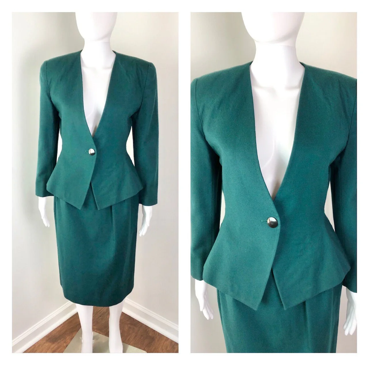 80s Green Cinched Peplum Waist Blazer and Skirt Set by Seville - Image 3