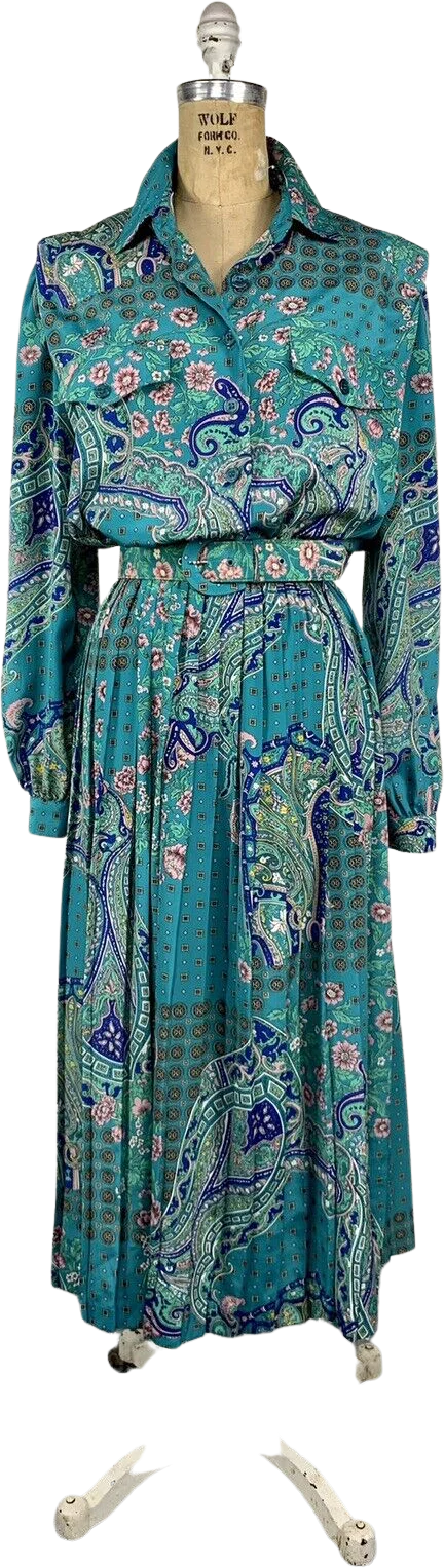 80s Green Paisley Crepe Accordion Pleat Safari Dress By Leslie Fay