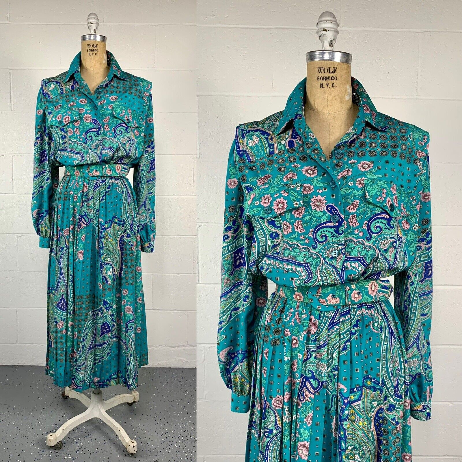 80s Green Paisley Crepe Accordion Pleat Safari Dress By Leslie Fay - Image 3