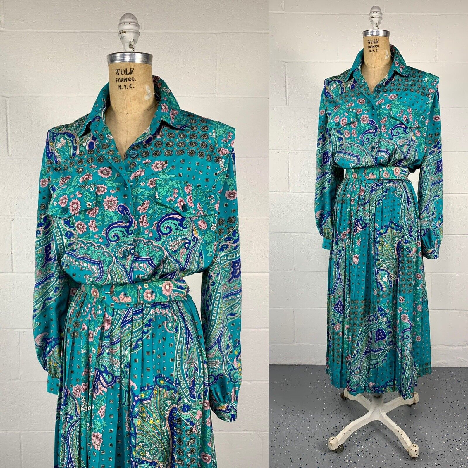 80s Green Paisley Crepe Accordion Pleat Safari Dress By Leslie Fay - Image 4